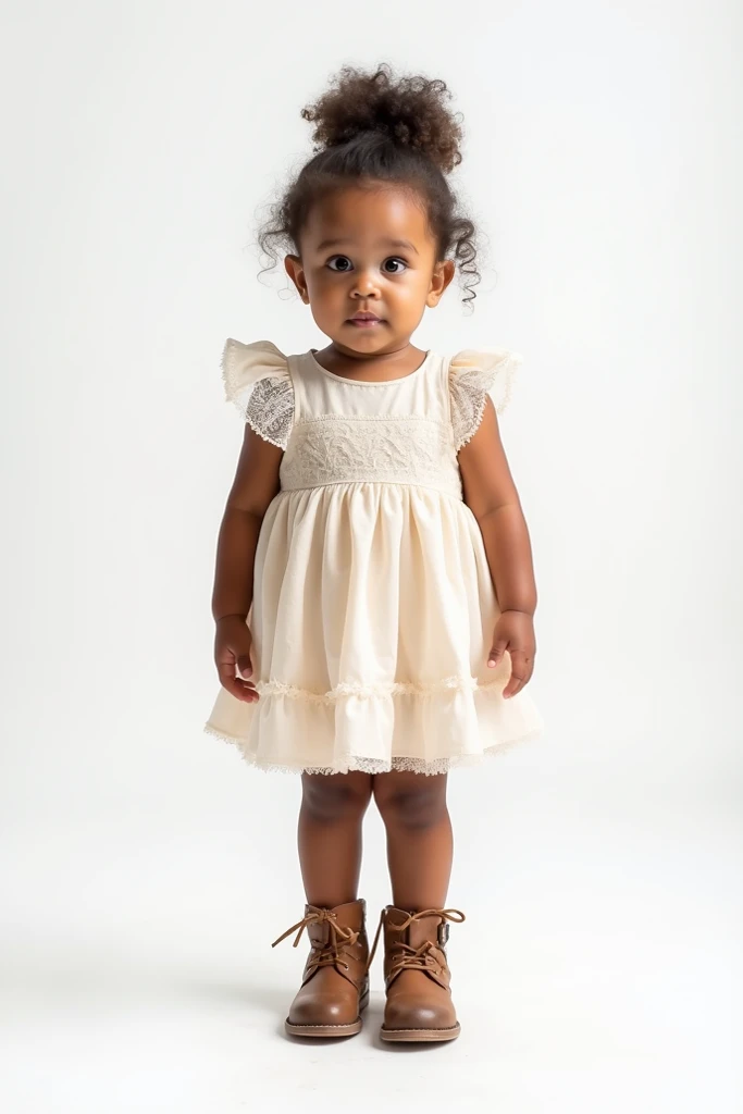 Fashion photography of children, white dress, strong sense of design, medium shot, 8-year-old girl, African black-skinned little girl, short hair, hair accessories, delicate skin, cute and lively, simple background, high texture, backlight, professional studio light