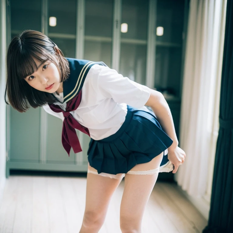 (8K、RAW Photos、Highest quality、masterpiece:1.2)、(Realistic、Photorealistic)、1 Girl,(A high school girl lifts her skirt to show off her underwear on the train:1.6)、(Cute face:1.3)、Japanese 1 Girl,(Japanese High School Girls)、(1 real high school girl)、(Japanese High School Uniform:1.6),Small breasts,Perfect Skin,Detail Skin,(pretty girl,short hair,Squeezing pussy:1.7)