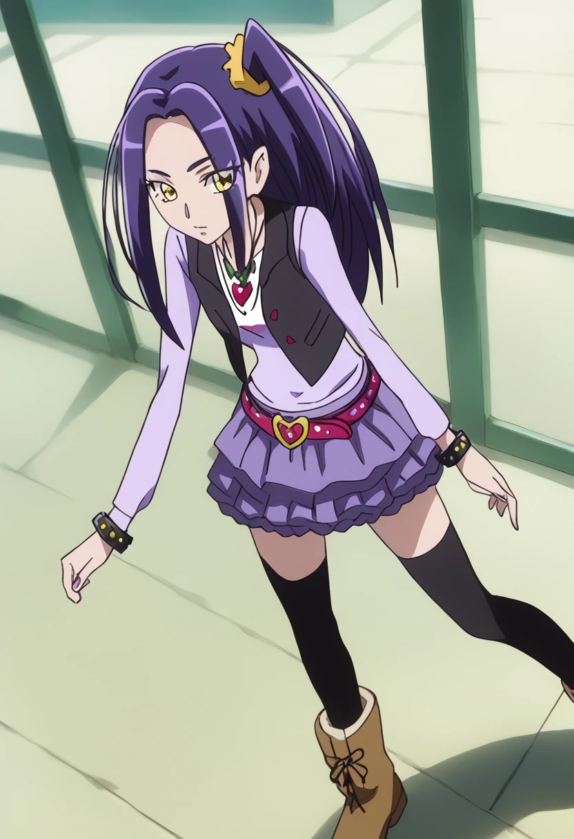 , tall, tall, Small breasts, Small breasts, Small breasts, kurokawa eren, purple hair, long hair, one side up, side ponytail, parted bangs, yellow eyes, eyelashes, hair scrunchie, yellow scrunchie, casual, black vest, long sleeves, purple shirt, purple skirt, layered skirt, frilled skirt, black thighhighs, black legwear, heart necklace, during, studded bracelet, belt, brown footwear, ankle boots, open vagina, open vagina, open vagina, Embarrassed, topless, topless, topless, Nipples are visible, Nipples are visible, Nipples are visible, Large nipples, garden, tall, tall, Small breasts, Small breasts, Small breasts, Sit and spread your legs, open vagina, open vagina, open vagina, high quality, high detail, beautiful, 8K, Detailed face, Detailed nipples,