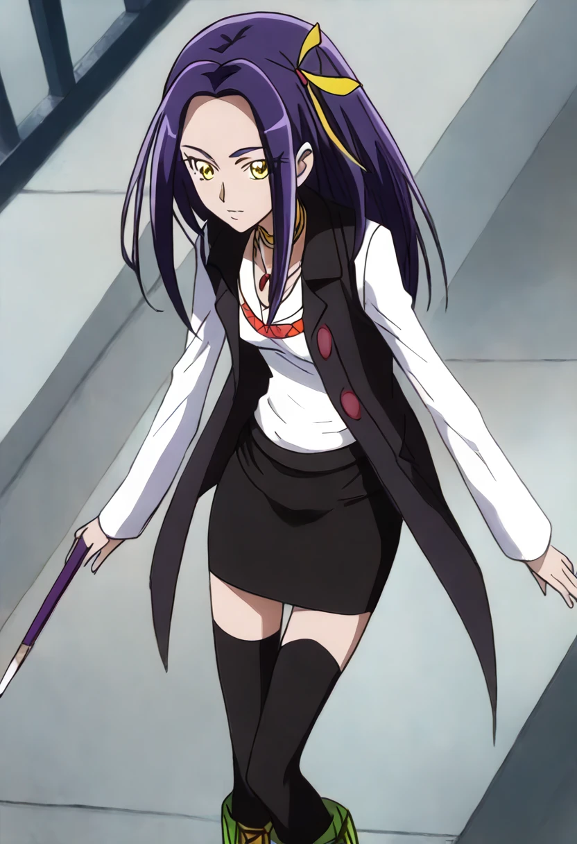 kurokawa eren, purple hair, long hair, parted bangs, yellow eyes, eyelashes, necklace, yellow choker, hair ribbon, hair ornament, yellow ribbon, casual, jacket, coat, black vest, open clothes, white shirt, long sleeves, miniskirt, pencil skirt, black skirt, black legwear, black thighhighs, green footwear, boots