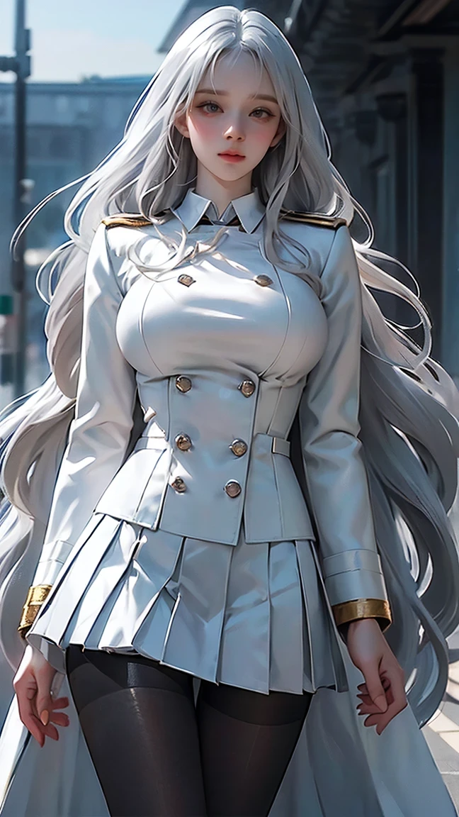 Layering,(( is, He wears half a white coat.)),(Sailor collar uniform), shirt,  Pleated Skirts,( black pantyhose),[:( detailed face :1.2):0.2],  RAW photo, (masterpiece), ( best quality),  high definition , (Realistic, photo-Realistic:1.2), Super detailed, Physically based rendering,  one girl , , Long Hair, (  silver hair),  wavy hair in front of the station, Big Breasts 