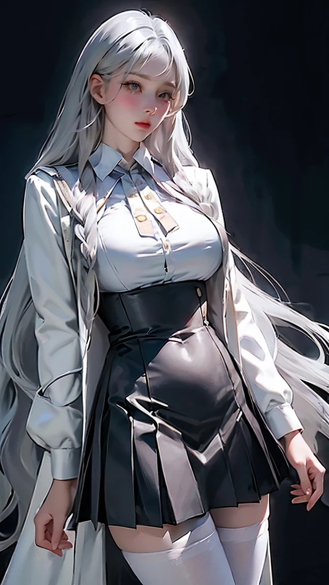 Layering,(( is, He wears half a white coat.)),(Sailor collar uniform), shirt,  Pleated Skirts,( black pantyhose),[:( detailed face :1.2):0.2],  RAW photo, (masterpiece), ( best quality),  high definition , (Realistic, photo-Realistic:1.2), Super detailed, Physically based rendering,  one girl , , Long Hair, (  silver hair),  wavy hair in front of the station, Big Breasts 