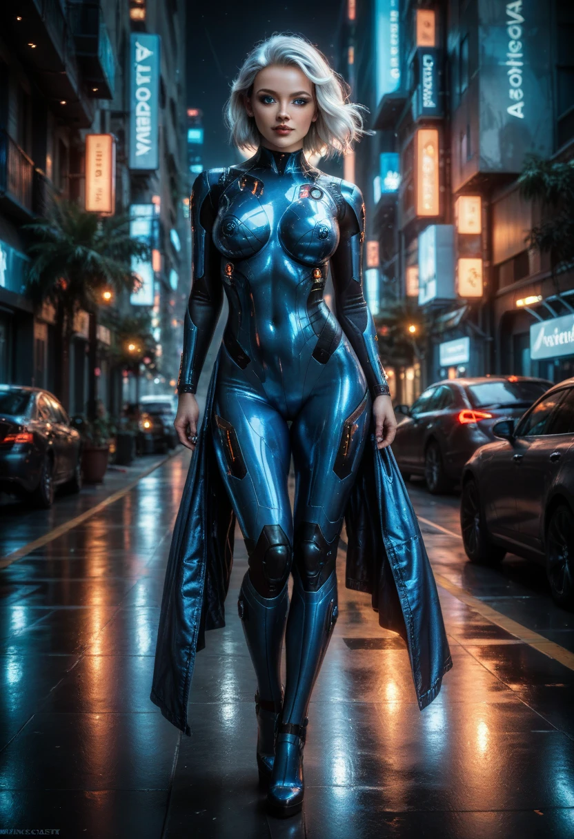 Hyperrealistic, realistic, maximum detail, Beautiful woman without makeup, blue eyes, pure white hair moving in the wind, futuristic shiny blue latex suit, blue latex boots over the feet, bioluminescent technological details, standing casual pose looking around, natural beauty, perfect body, masterpiece, full shot, whole body, shiny floor with colorful lights, showing the full body, strong facial light, the background is elegant, high-tech environment, with clean lines and a slightly blurred touch, futuristic city, emphasizing the advanced, science fiction atmosphere