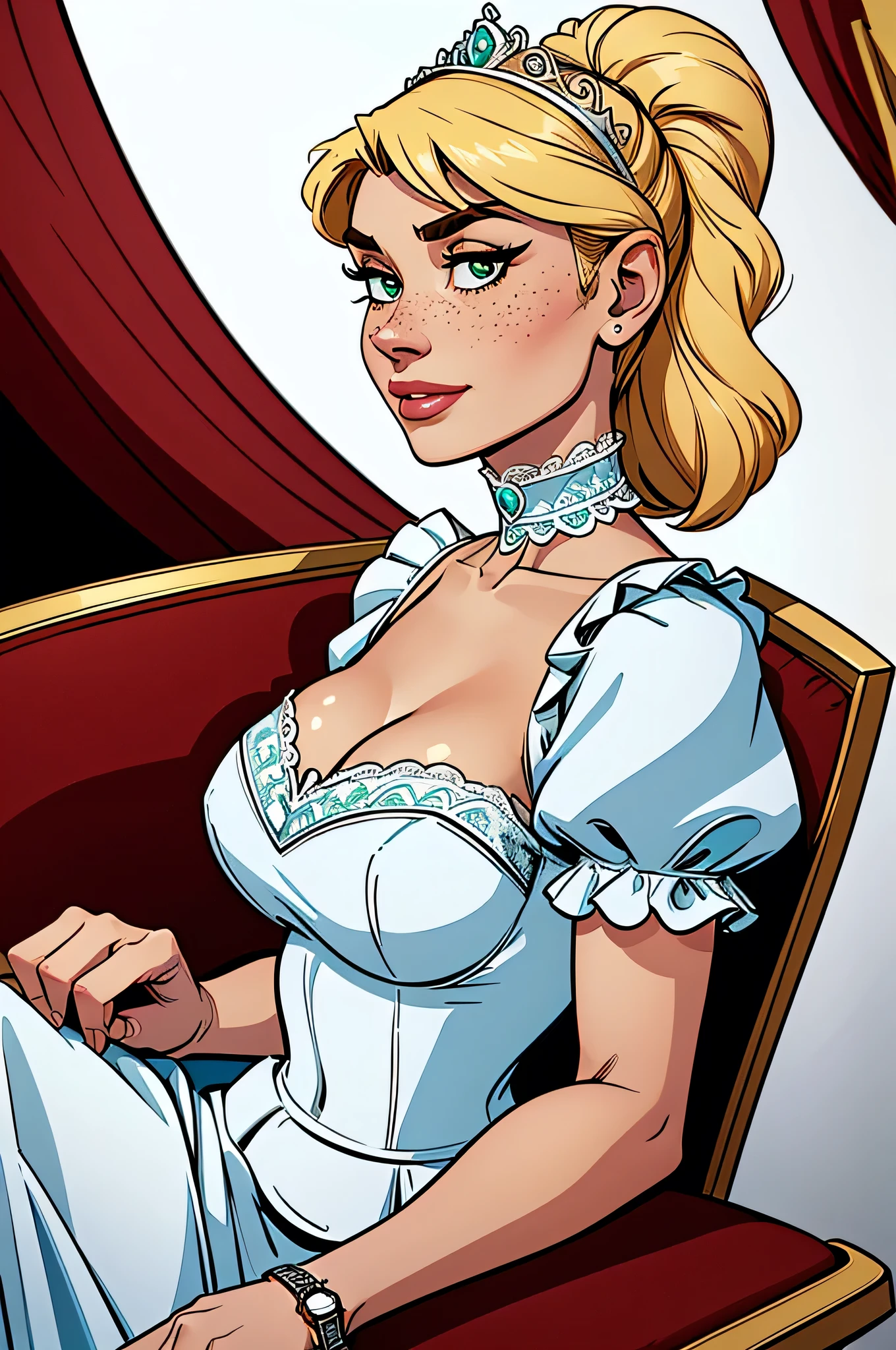 (Absurd, hq, ultra detailed, Anatomically correct , watch out for your hand ) close up of a thin and athletic woman , 25 years, 8k (( high definition )), beautiful smile, seductive look, green eyes, nose fine, wearing a royal white long dress ((lace boat neckline, with short puffy sleeves , choker and tiara)), thin waist , arms positioned on the sides of her body, white pele, Blonde hair ((long and straight)), sitting in an armchair (( upper body, Side view)), with freckles on your chest and neck , breasts (( Giants and Rounds )). Marvel style (( high definition )), white background.
