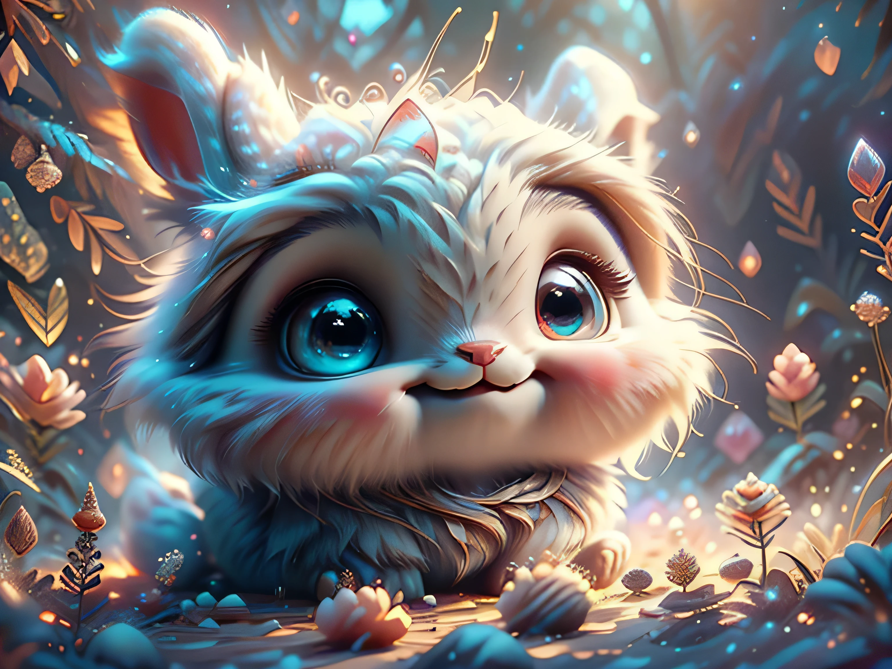 Magical Fantasy Creature, (Best Quality, Masterpiece, Representative Work, Official Art, Professional, Ultra Fine Detail, 8k:1.3), (Photorealism:1.2), Rabbit Spirit, Super Cute, Big Eyes, Soft, Delicate Nose, Fluffy, Double-Toothed Smile, Cute White Rabbit Ghost, Realistic, Beautiful, Sparkling, Stars in Eyes, Star Pearl, Soft Volumetric Light, (Backlight:1.3), (Cinematic:1.2), Intricate Details, (ArtStation:1.3), --auto --s2