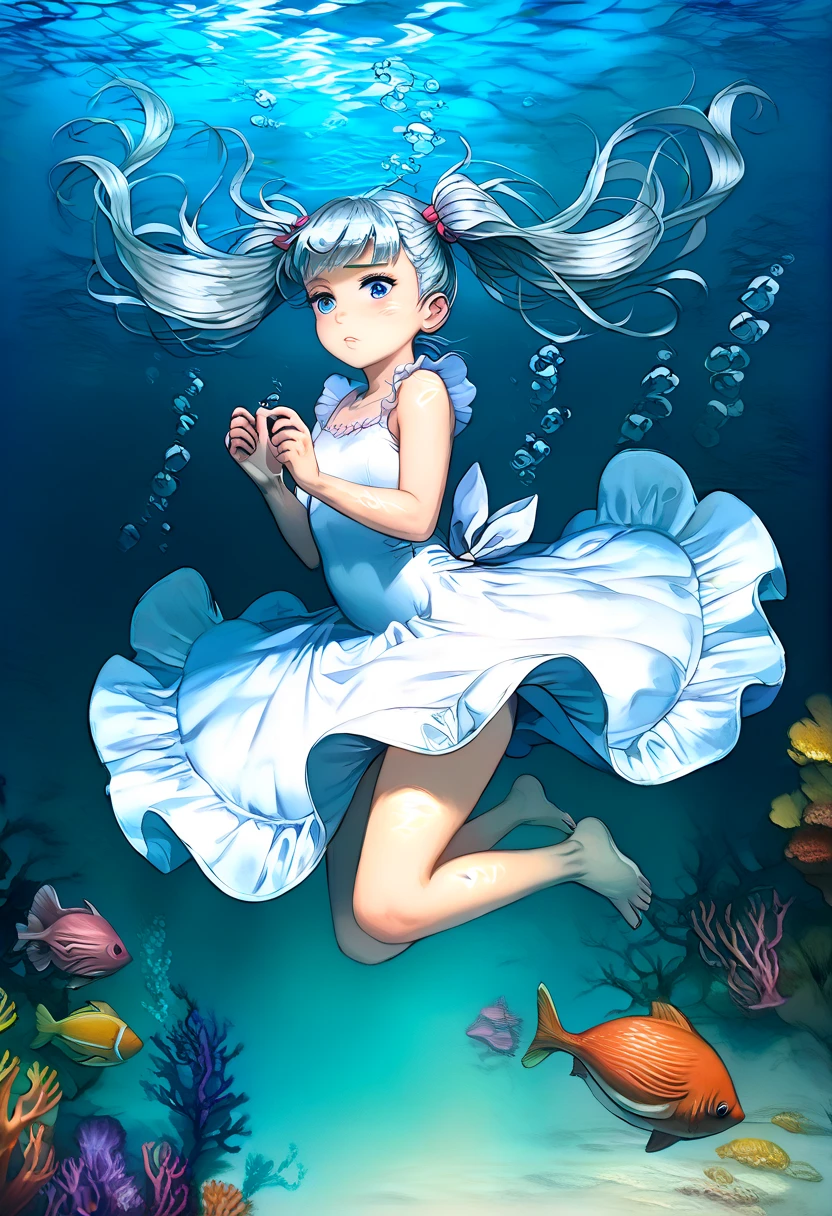 (Must-Have Work), (Top Quality), Highly Detailed, 1 Girl, Perfect Face, (Solo Full Body Shot: 1.3), Highly Detailed Face, (Silver Hair Twintails: 1.5), (Blue Eyes: 1.4), (Underwater: 1.4), (White Dress: 1.5),
Beautiful Girl, 1 Girl, Solo, Single Person, (Female), Underwater, In The Sea, Underwater, Sinking Into The Sea, (Dark Sea: 1.2), Sadness,