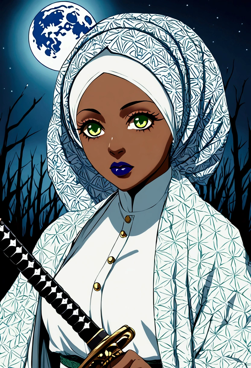 Muslim girl, hijab, green eyes, dark skin, blue lipstick, White kimono, black Steel katana, fullmoon night, terror night scenario.