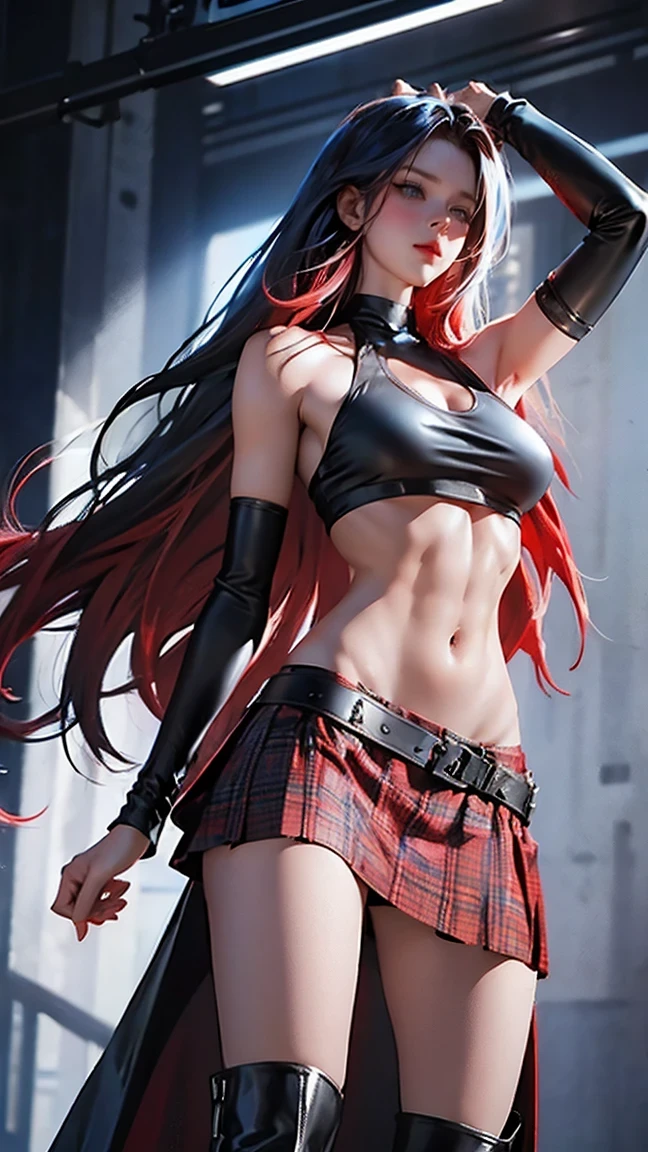 1girl, solo, erza scarlet, fairy tail, red hair, brown eyes, without outfit, no outfit, navel, long hair, cleavage, hair over one eye, large breasts, midriff, looking at viewer, full body, 4k wallpaper, HD wallpaper, 4k art, sexy, hot girl,