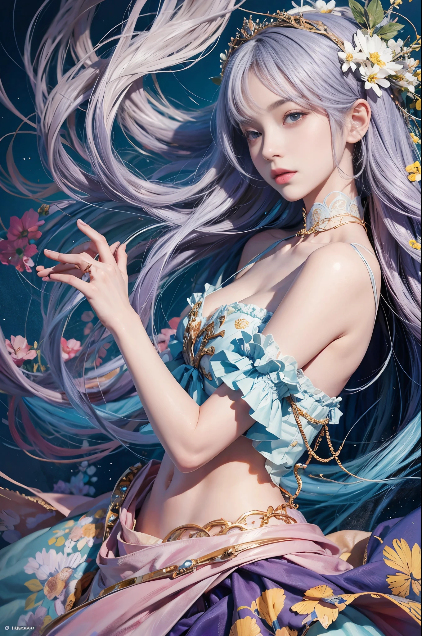 （Enrich the picture，Masterpiece level quality）Beautiful 8K CG artwork，Goddess-like posture，sittinng on the river，Postural exercises，Slim and soft，Translucent skin，Blue hair、The beauty of extra-long hair, Super Long Straight Hair，The skin is fair and juicy，Big breasts underwear uniform，Perspective Part 1.2x enhanced silhouette effect，Exquisite transparent blues pattern in pajamas，The details are intricate and exquisite，The background is slightly blurred，Charming and lustful leg seduction，Drool，J Cup Super Big Breasts，Blush，Japan goddess，Perfect body slim curves，Scene by the sea，