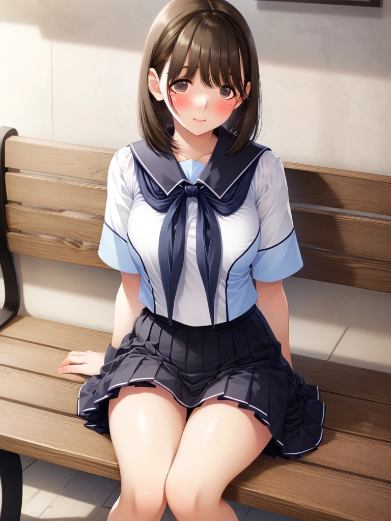 (Highest quality), mini skirt, high school girl, 1 female, Shiny Brown Hair 、 shorthair 、 (Beautiful Brown Eyes 、 Sparkling Eyes 、 Fine grain)、 embarrassed face 、 super detailed eyes 、 high definition face 、 very detailed eyes ,blush, smile, Cute girl anime visuals, Beautiful Anime Girls, Smooth anime CG art, (Large Breasts:1.2), Black Hair, short hair, Gentle face, Sitting on a bench, Looking at this, Black lace panties, High resolution, (blush:1.5), Black shoes,Perfect legs、Perfect hands