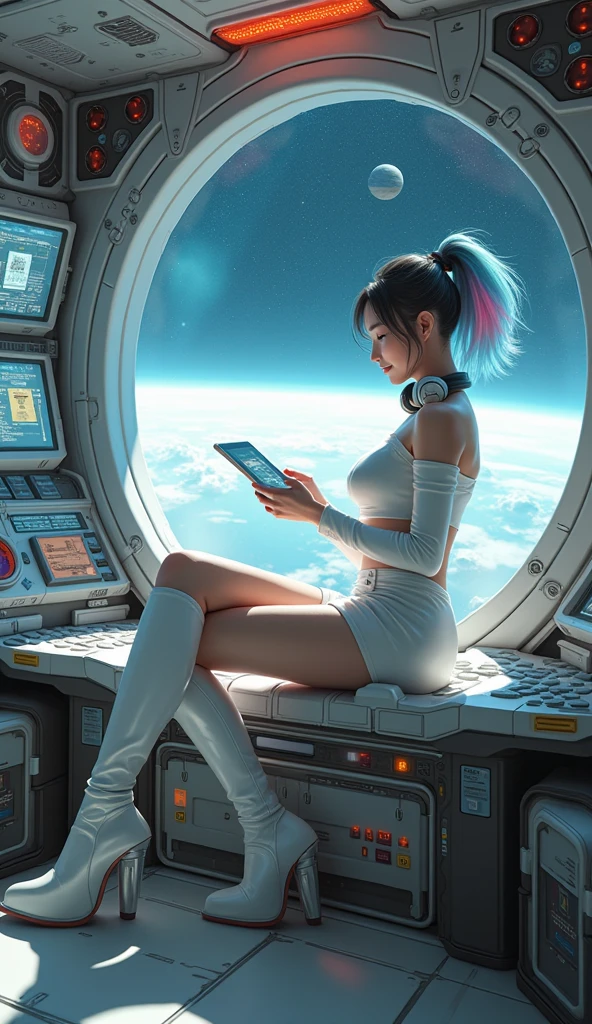 female floating, female inside space station, on a space station, listening to music, relaxing, looking out of the window, window is shut, window in the background, in the window you can see space, earth is in the background as well, anime style --auto