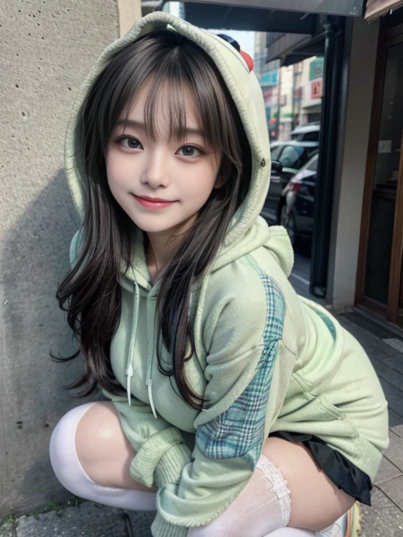 1 girl, medium black hair, heterochromia, red eyes, green eyes, dog ears, dog ears, gray sweatshirt, :3, Small fangs