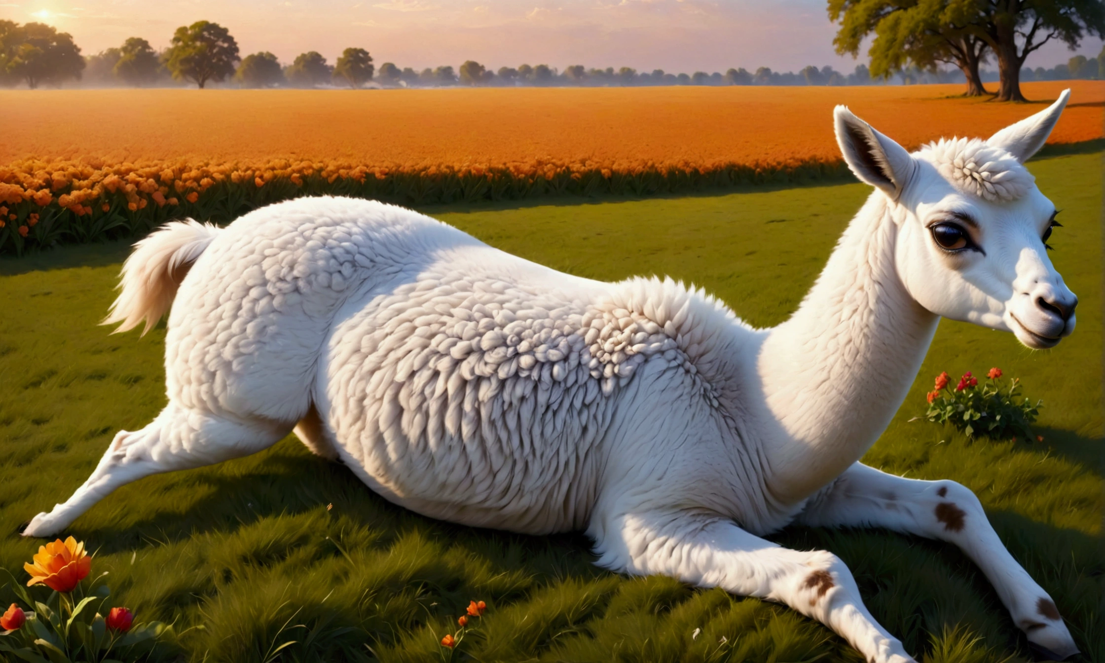        masterpiece ,                   The best quality                  ,                   extremely detailed 8k wallpaper          ,          In an elegant white wool flame            ,     In the field of bright colors
Llama Alegre 
They sleep soundly in the field 