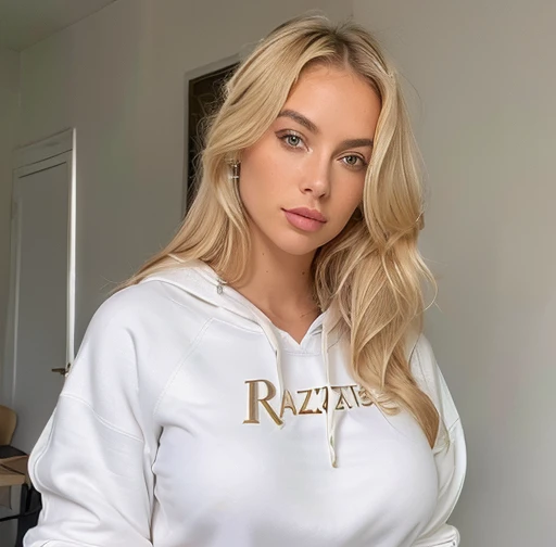 italiana The , white blonde ,rosto angelical e Thelicado , Long, smooth hair and thick waves Blonde with light roots , no quarto with clothess ,(( foto realistic), ((Normal breasts )),((rosto angelical)),((foto entera The cuerpo with clothes ),((Blonde hair com raiz )), ((clothes) Blonde hair , light brown eyes , full body ,realistic, a very elegant outfit, The raízes celestiais, Blonde hair, with clothes , white sweatshirt, The .