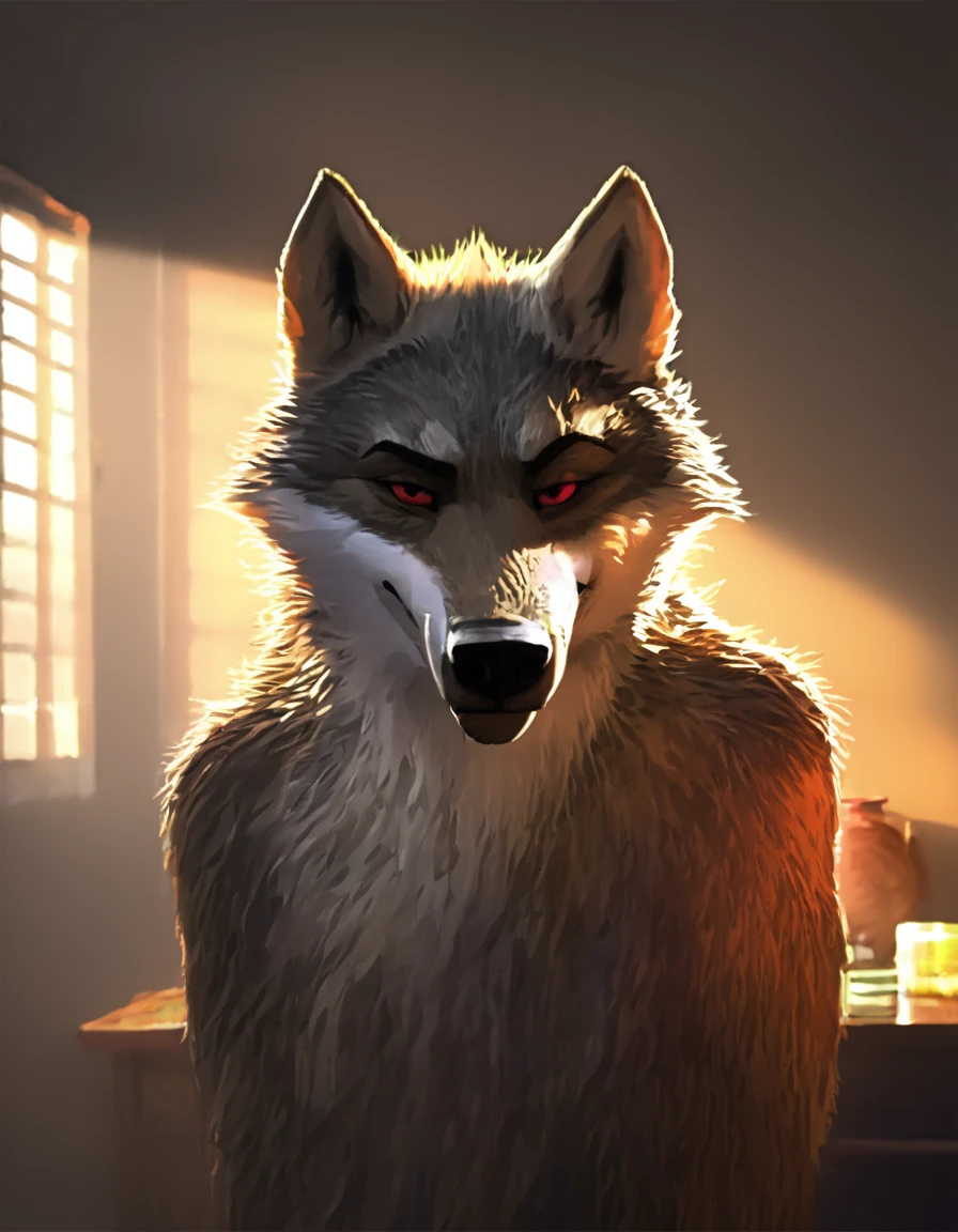 anthro, male, solo, ((naked)), handsome, ((Dead Wolf)), detailed face, detailed eyes, middle-aged, (looking at viewer), (portrait), (smirk, furrowed eyebrow, half-closed eyebrow), ((The most friendly person)), (at room:1.5), sexy pose, detailed background, (high quality, highres, masterpiece), (dynamic lighting, vivid color), (full body view:1.3)