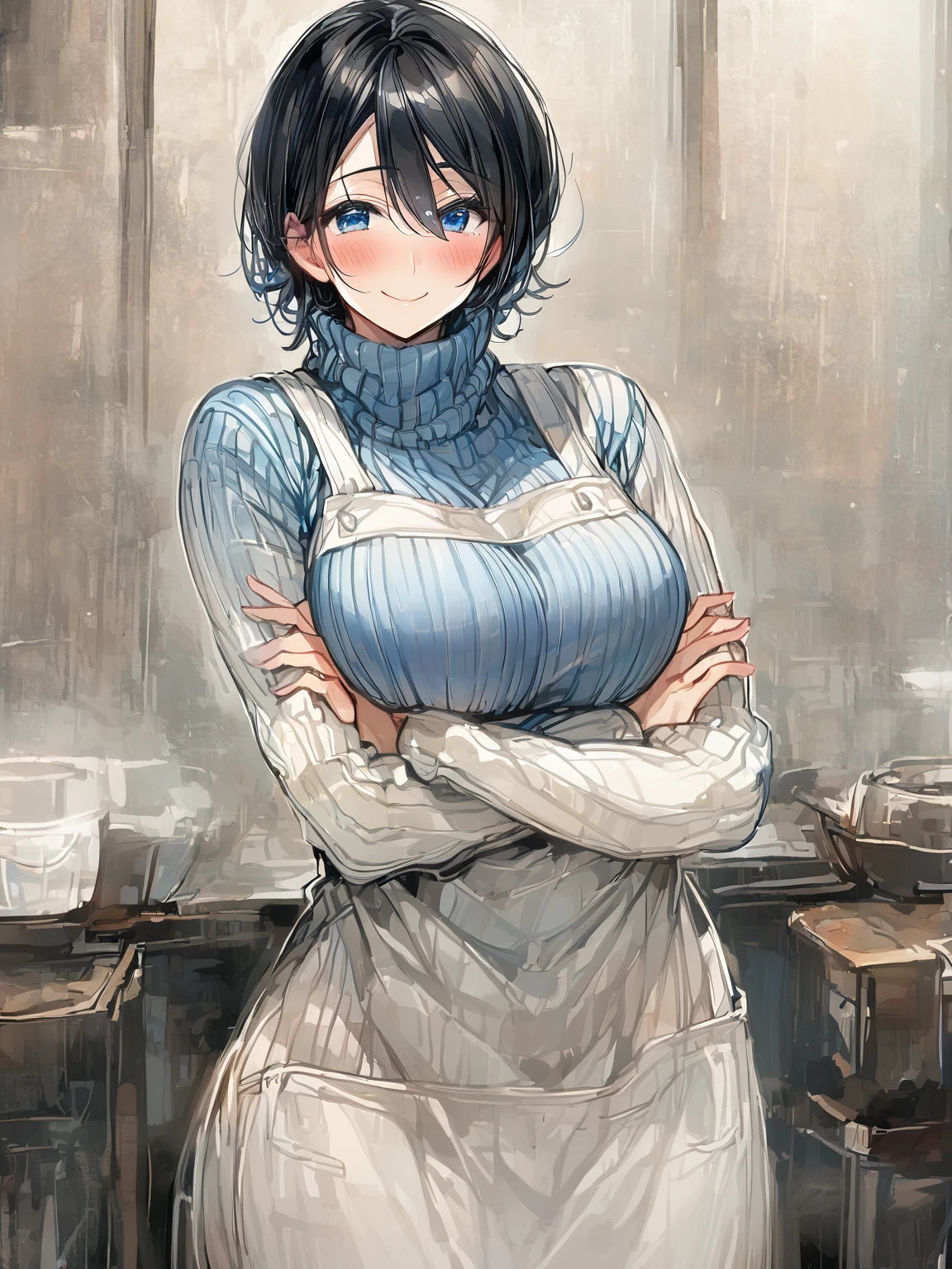 mother, apron, alone, smile, blush, cross your arms, black hair, short hair, blue eyes, big chest, turtleneck, vertical sweater,