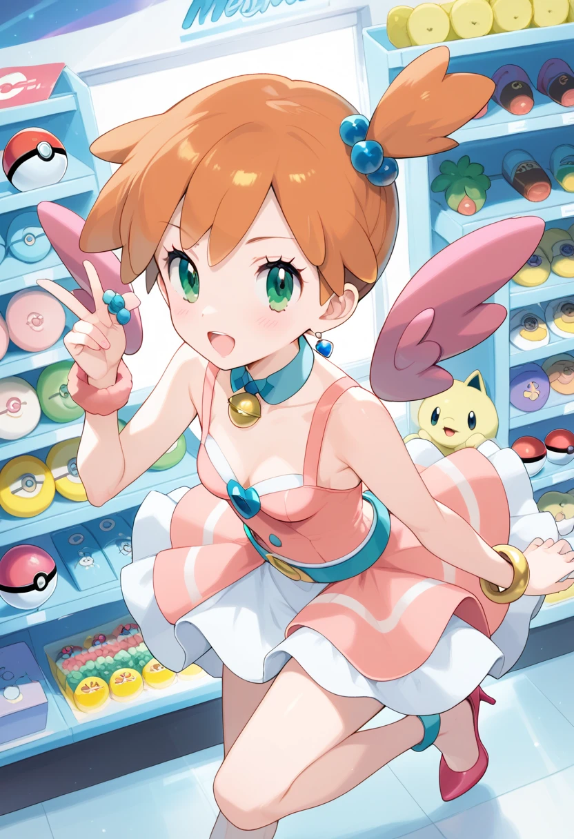 (Misty_Pokemon)
(Berry Short,Orange Hair,one side up hair,Big green eyes,Small breasts,Skinny) Ball Gown: This is a dress exclusive to Pokémon Contests, introduced in the sixth generation of the video games. It is a Japanese idol dress with pastel and bright colors, decorated with various ornaments. It includes a bow, a belt with wings to store a Poké Ball, high heels, and a golden bracelet to Mega Evolve 1.