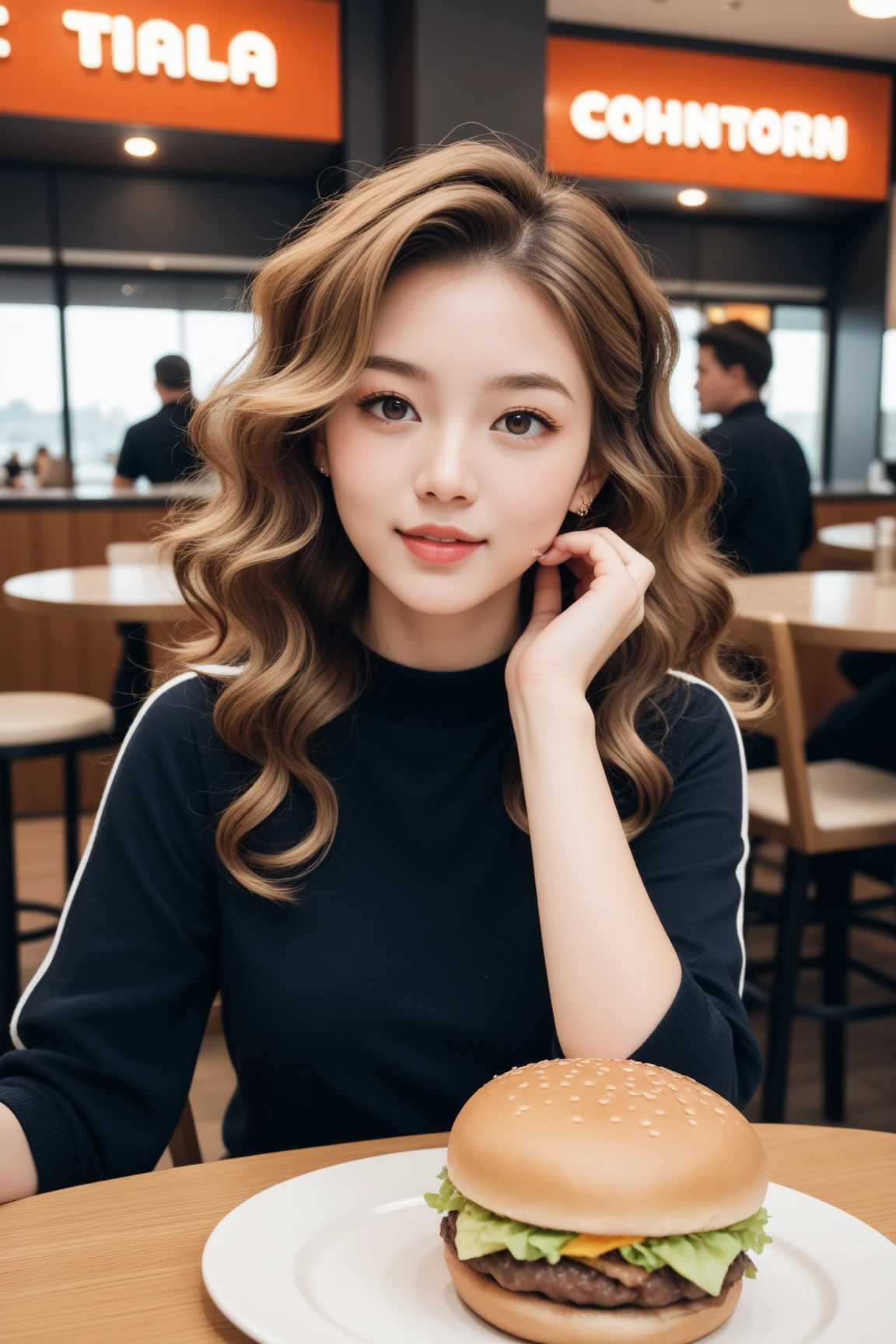 A stylish Japanese woman, a popular fashion model with chestnut brown long wavy hair styled in a ponytail, is depicted enjoying a hamburger at a trendy restaurant during her lunch break. She is well-known as an SNS influencer, aiming to create a buzz-worthy moment on social media. The setting captures a chic and fashionable indoor dining atmosphere. The image aims for the highest quality, resembling an 8K resolution, and the specified size is 512x768.