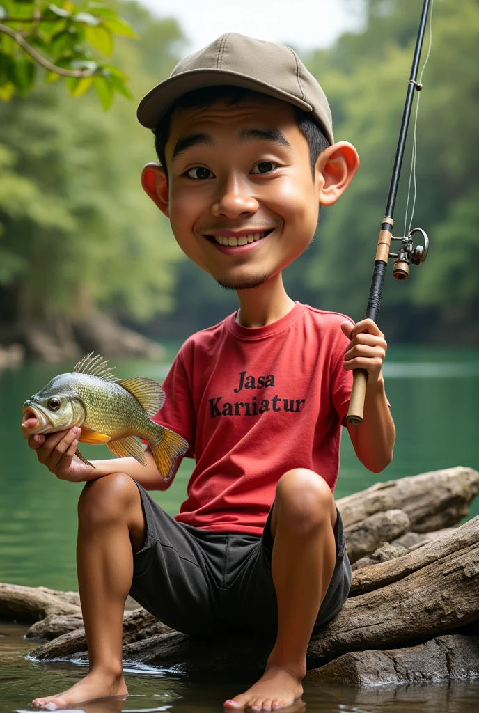 (((caricature style))),((big head size)),(realistic detail),(high quality), an indonesian man 35 years old, wearing a red sleeveless shirt written "Jasa Karikatur", dark brown skin, octopus tattoo in the arm sleeve, fishing in the edge of a lake, sitting while  some of his feet went into the water,  hold a big tilapia fish with his hand in a fishing activity, forrest, fishing rod, full body, sunlight through the leaves. transparent small watermark written "octopussaga" on bottom left