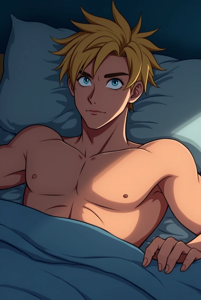 A young man, naughty man, 20 year, offwhite, blue colored eyes, hair blonde, medium short cut, Kale, with a blanket covering the penis, in a fancy hotel room, in the style of Disney prince Classic 2d hentai drawing