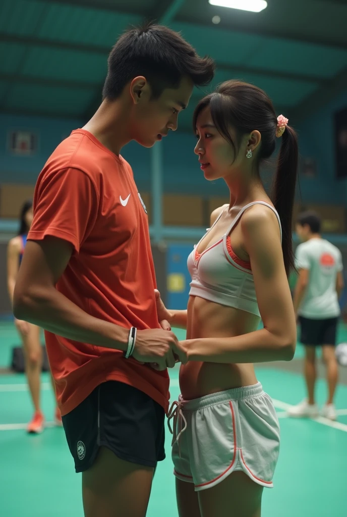 masterpiece, good anatomy, perfect face, perfect skin, perfect eyes, ,score_9,score_8_up,score_7_up, young cute japanese girl and a man, busty, sweat, standing, sweat drop, wearing gym uniform, worried, sweat, at ((crowded gym)), from side