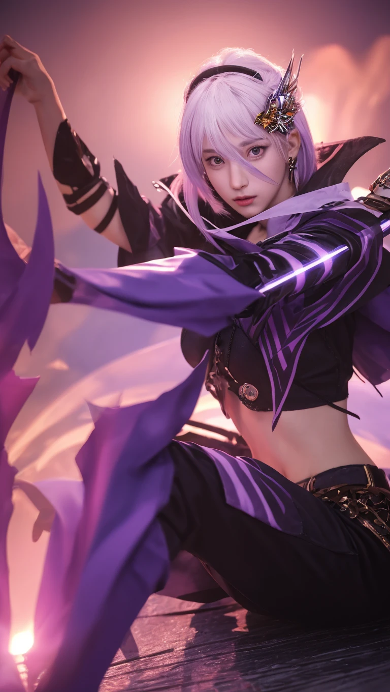 Anime - imagem de estilo de uma mulher com cabelo roxo e uma espada, como personagem em tekken, mortos ou vivos 6, 8k octae renderizar foto, Impacto de Ayaka Genshin, personagem de jogo de luta, Personagem de videogame Katana Zero, ayaka jogo genshin impact, estilo de jogo square enix, TEKKEN 7, Jogo CG, Detalhes do caractere 8K