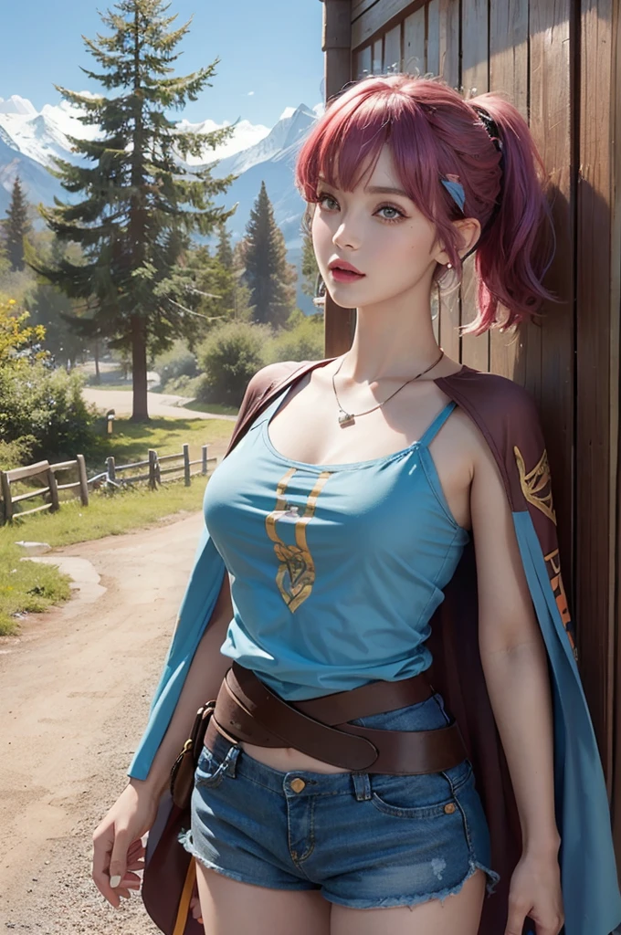 photorealistic,        high resolution    , miss, Shining Skin,  Unique, Tattoo, Jewelry,       pink lips   , Short hair,    blue hair  , Double ponytail, blue eyes,   Forest Background ，Brown shorts，Orange top， brown cape      