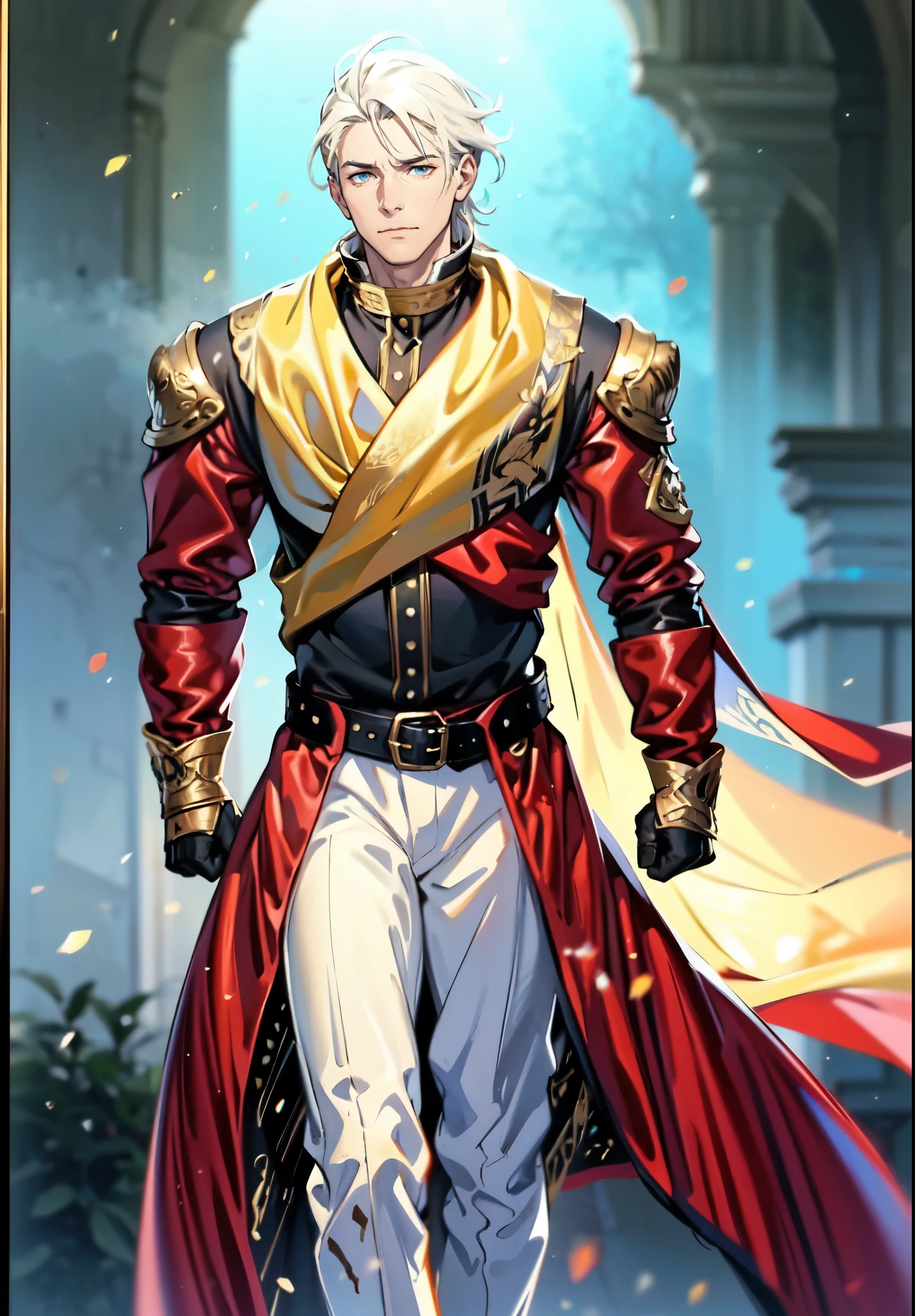 (masterpiece:1.2, best quality:1.2, extremely delicate:1.2), ((male:1.5)), a middle-aged man with short tousled golden hair, deep-set eyes, sharply defined features, serious expression, luxurious yellow-and-white fantasy-style composite silk satin top, silk ribbon cape around the upper body, small metallic shoulder pads, fabric gloves, a belt adorned with metallic gear decorations, dark hem, white fabric trousers, strolling in a medieval fantasy-style city, this character embodies a finely crafted fantasy-style nobleman in anime style, exquisite and mature manga art style, dramatic, high definition, highres, ultra-detailed, ultra-fine painting, professional, perfect body proportions, golden ratio, anatomically correct, symmetrical face, extremely detailed eyes and face, high quality eyes, creativity, RAW photo, UHD, 32k, Natural light, cinematic lighting, (masterpiece-anatomy-perfect:1.2)