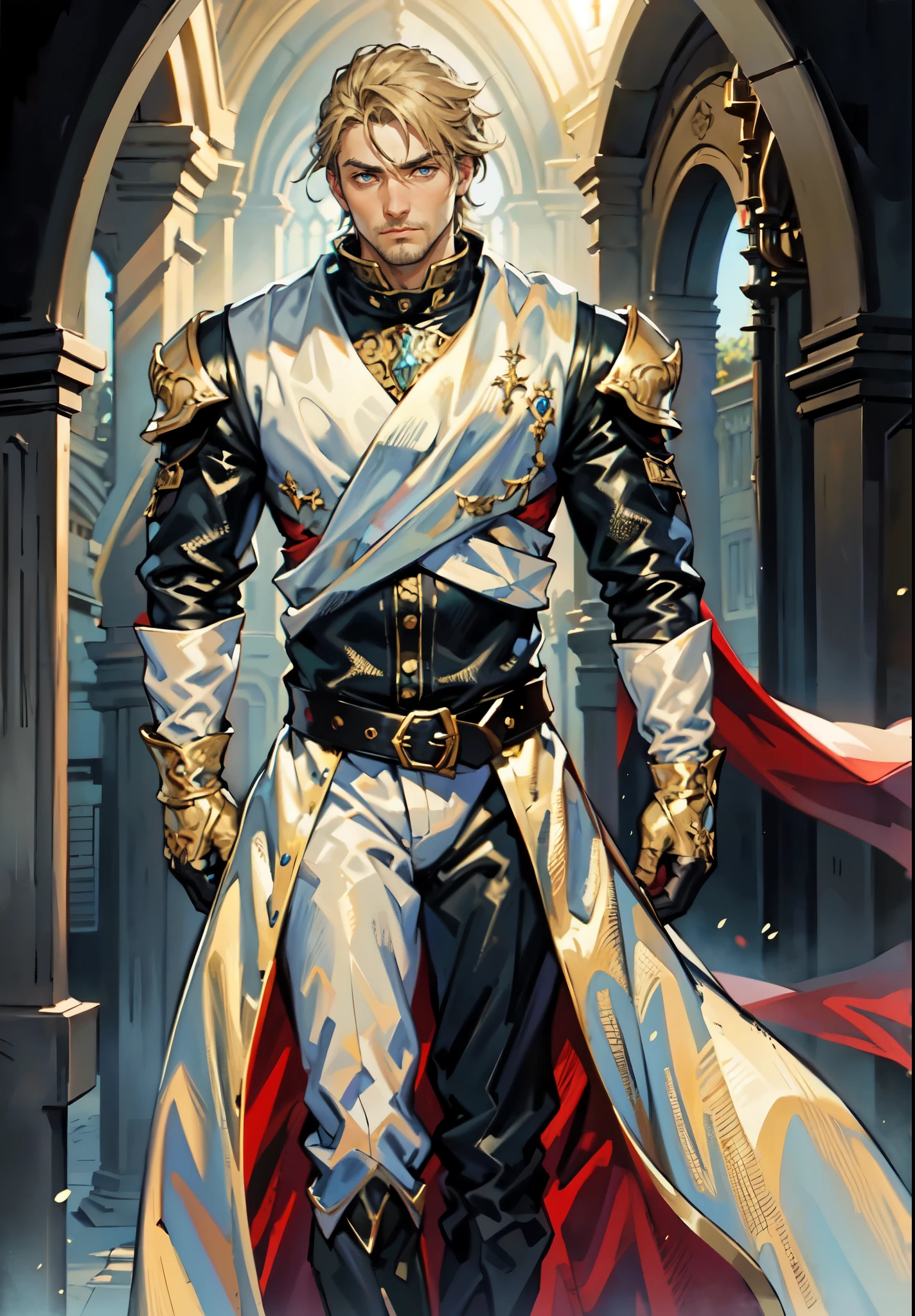 (masterpiece:1.2, best quality:1.2, extremely delicate:1.2), ((male:1.5)), a middle-aged man with medium-length black hair, a yellow headband, thick eyebrows, focused gaze, dignified face, large beard, tall and slender physique, a fantasy-style mage robe, the color scheme is primarily Yellow with White and ‎Black accents, large wide hem, large shoulder armor resembling a cloak, a fire dragon belt, fabric trousers, the background features a thundercloud sky lit up by a red glow from the flames, this character embodies a finely crafted fantasy-style mage in anime style, exquisite and mature manga art style, dramatic, high definition, highres, ultra-detailed, ultra-fine painting, professional, perfect body proportions, golden ratio, anatomically correct, symmetrical face, extremely detailed eyes and face, high quality eyes, creativity, RAW photo, UHD, 32k, Natural light, cinematic lighting, (masterpiece-anatomy-perfect:1.2)