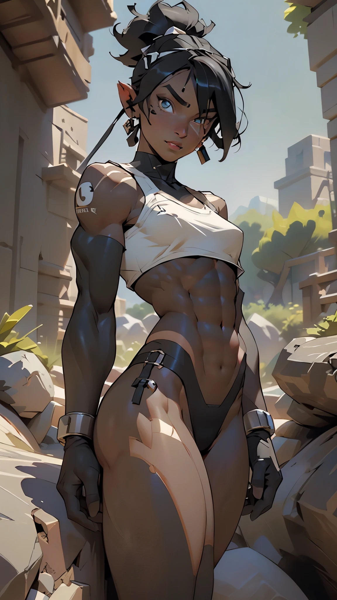 orc, orc girl, dark skin, mature orc girl, abs, toned,  long black hair,  heavy armor outfit, bikini armor, erotic expression, large breasts,((loincloth)),

((Ebony dark skin,very deep ebony skin,carbon black skin,(black race:1.2),dark skin:1.3,black skin:1.35,dark-skinned_female,dark skin:1.3,ebony skin:1.3,lustrous skin:1.5)),

muscle legs:1.5,muscular thighs:1.5,muscular girl:1.5,muscular:1.5,feminine and muscular,((ABS:1.5)),arm muscle:1.5,Strong physique,bulky:1.5

(dynamic pose:1.0),(centered,scale to fit dimensions,Rule of thirds,cowboy shot),

desert scenery:1.25,((stones scenery)),

((best quality)), ((masterpiece)), (detailed), Realistic Shadows, Detailed skin, Very detailed, highly detailed face, Perfect face shape, Perfect lips, Perfect nose, Correct beautiful eyes, Watching Viewer, Best Quality, (nsfw:0.5), ((flat chested, flat stomach, baby face)), (intense colors), ((3d)),
