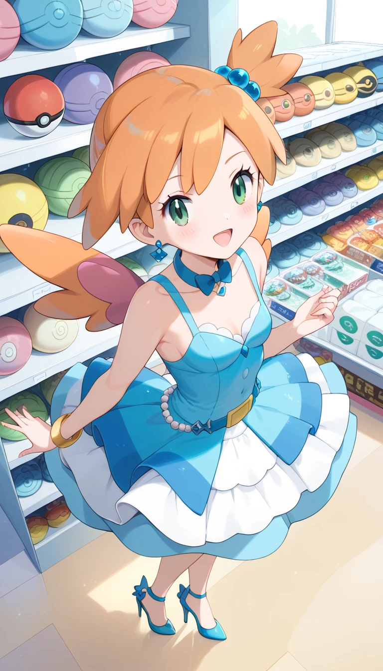 (Misty_Pokemon)
(Berry Short,Orange Hair,one side up hair,Big green eyes,Small breasts,Skinny) Ball Gown: This is a dress exclusive to Pokémon Contests, introduced in the sixth generation of the video games. It is a Japanese idol dress with pastel and bright colors, decorated with various ornaments. It includes a bow, a belt with wings to store a Poké Ball, high heels, and a golden bracelet to Mega Evolve .Dress in blue tones, beautiful shiny dress,