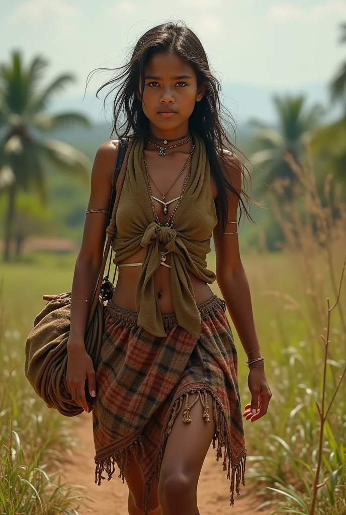 young tribal woman huntress in a loincloth sleeping on a bus, intricate loincloth, tribal village, detailed textures, fit body, 18 years old athletic woman, (simple necklace:1.1), armband, bracelet, natural sunny lighting, 4k uhd, dslr, soft lighting, high quality, Fujifilm XT3