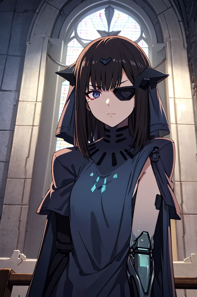 best quality, highly detailed, dark shadows, inside a church, moonlight, bioluminescence , Nitorization, 9a91normal, 1girl, glaring, empty eyes, expressionless, ( mechanical arms:1.1), blue capelet, (blue dress:0.75),long veil, headgear, black arms, upper body, from the front,