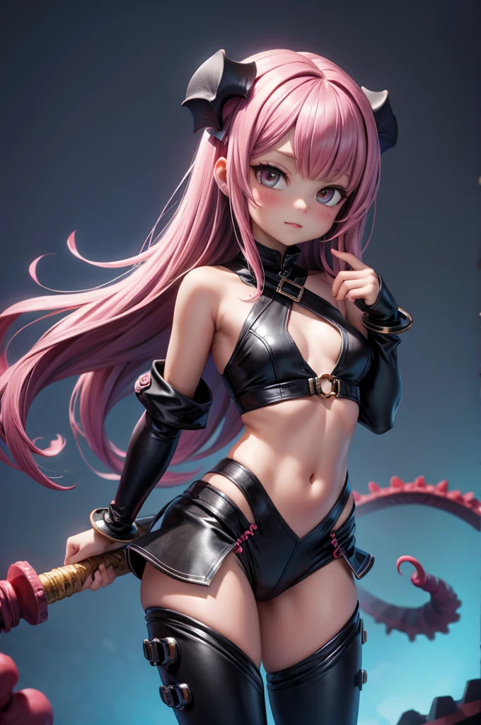 ((1 girl, long and messy pink hair, blue colored eyes, Woman, (((face flushed and very horny))) , standing on all fours , (wide leather choker) muscular female, gold bracelets, ruby earrings)), fitness, ((standing alone)), (red lipgloss stick), extremely detaild, soft ambient lighting, 4K, perfects eyes, a perfect face, ((very detailed hands and arms)) (perfect lighting),View from behind ((metalhead Woman)), Punk Girl, (((piercing))) tears in the eyes ((pink micro blouse with chains and sensual neckline)), 18-years old (((well-defined medium breasts))) strapless latex micro baby doll, pretentious smile, ((shapely and well-defined legs)) mine Transparent black leather jacket open with points and long sleeves with the shoulders showing, open tummy, latex micro panties with chain straps marking her small pussy swollen with lust, well designed and well defined, suspender style chain belt, high qualiy, 4K, High definition, bom detalhe, ((sexy tattoo)) ((medium bust,)) extremely sexy (((medium glossy lips))) long black transparent socks (fully body) ( fiel ao prompt) hair back view