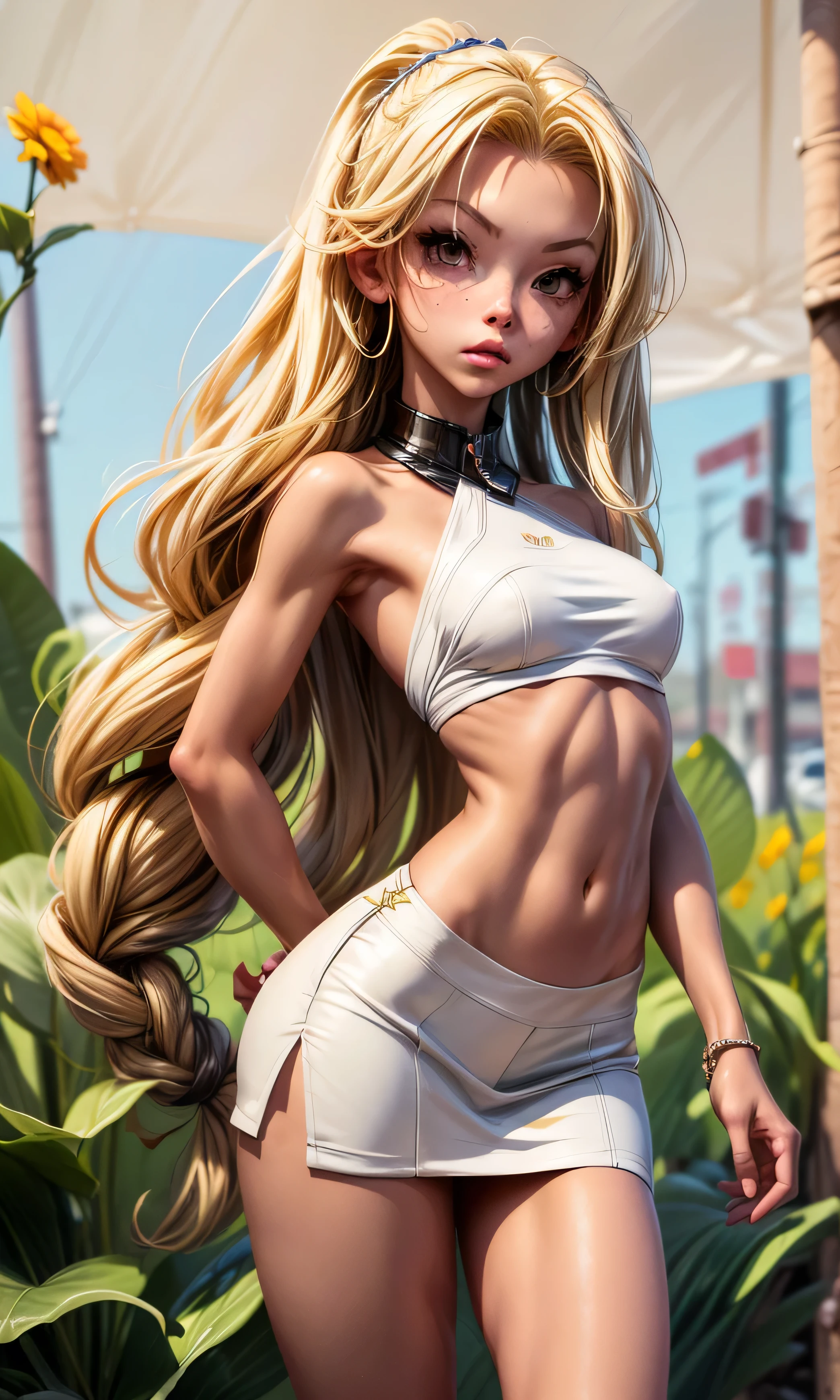  masterpiece, A  girl , s, Chiquita, slim, skinny,  long hair,  wavy hair , blonde hair, Brown eyes, cuerpo entero, standing, flat stomach,  nice legs, piernas slims,  white skin ,  sports shoes , short, mini skirt, (((desnuda))), on the street, wheat field, sexy,