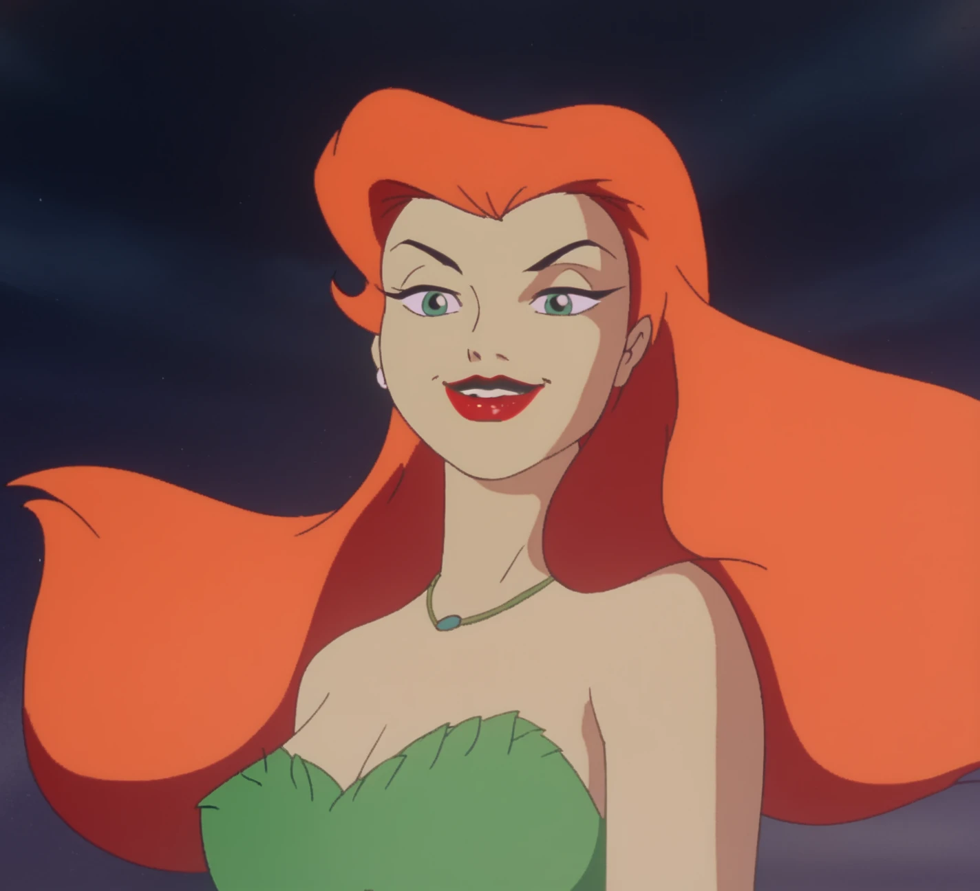 score_9, score_8_up, score_7_up, zPDXL, poison ivy, red hair, SD90style, retro artstyle, source_cartoon, 2D, 1girl, green eyes, red lips, green dress, long hair, looking at viewer, large breasts, lipstick, makeup, upper body, smile