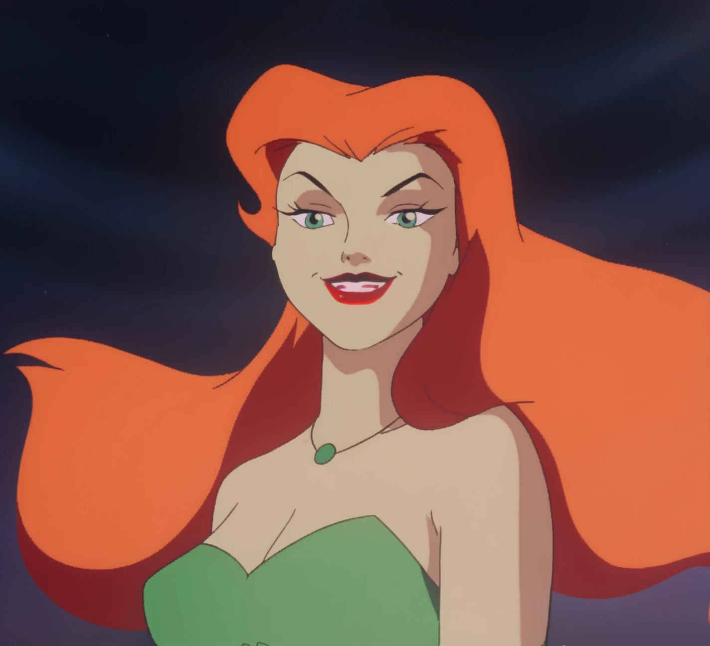 score_9, score_8_up, score_7_up, zPDXL, poison ivy, red hair, SD90style, retro artstyle, source_cartoon, 2D, 1girl, green eyes, red lips, green dress, long hair, looking at viewer, large breasts, lipstick, makeup, upper body, smile