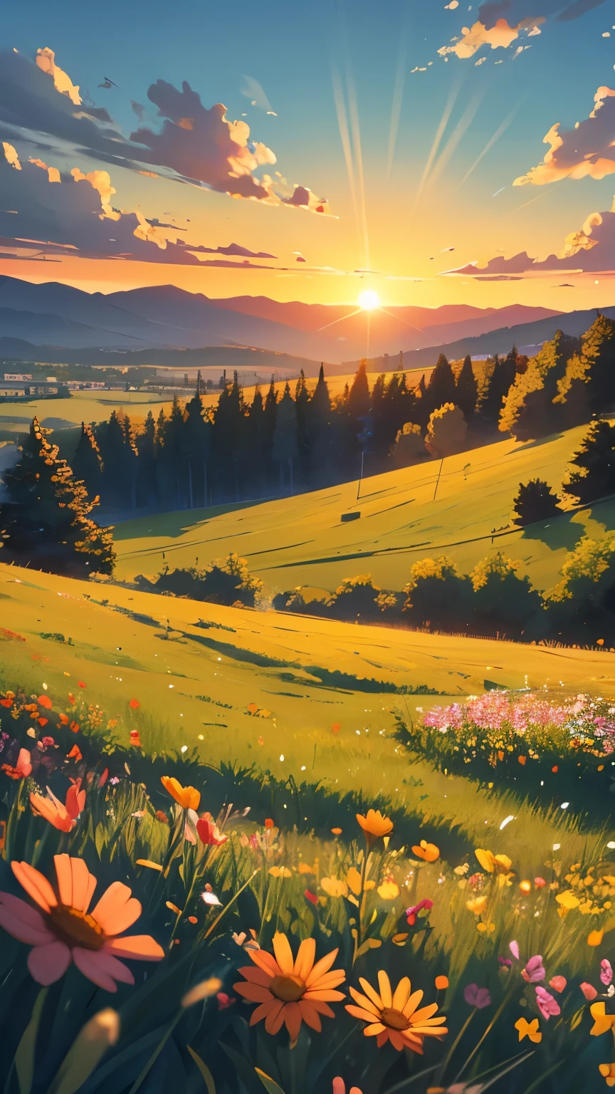 Illustrated sunset landscape on a meadow with flowers