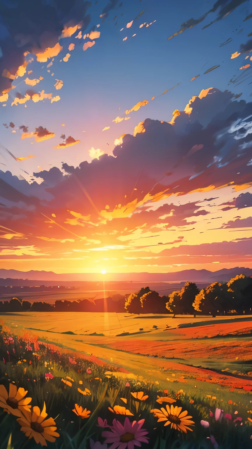 Illustrated sunset landscape on a meadow with flowers
