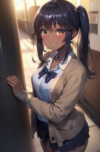 masterpiece, best quality, daitaku helios \(umamusume\),
, white socks, long sleeves, blue bowtie, collared shirt, grey skirt, white shirt, miniskirt, brown cardigan, skin fang,
leaning forward, hand on own hip, classroom,
cowboy shot, bra peek,cleavage,black bra