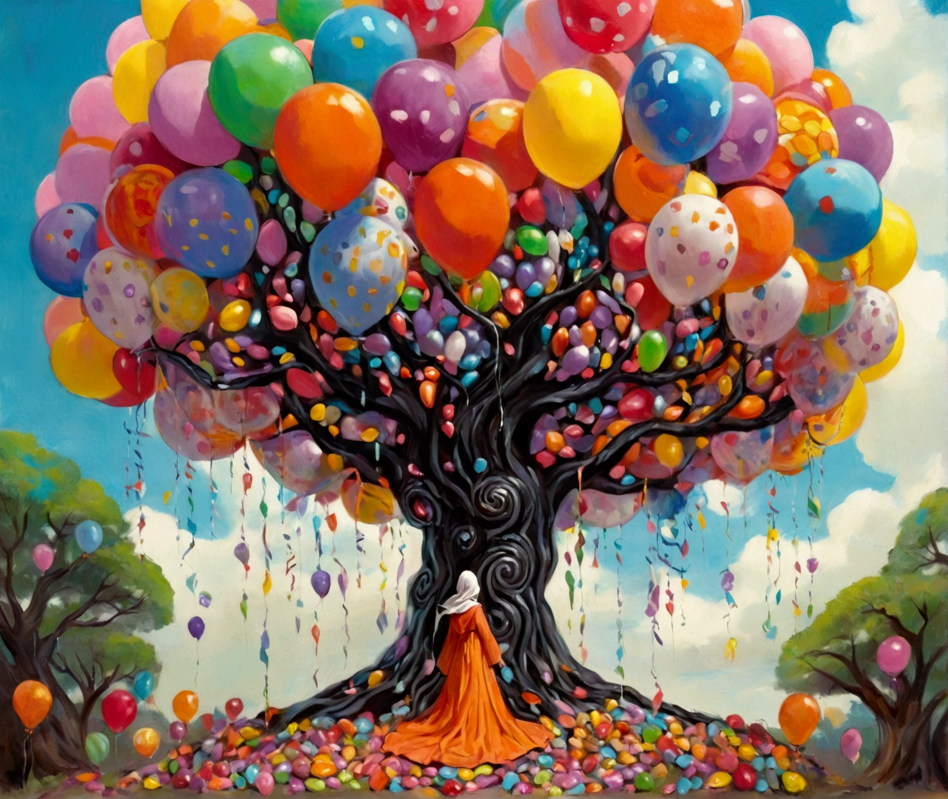  there is a woman wearing a robe standing in front of a tree made of balloons and candy, Magic Tree,  fantasy tree , Magic Tree, of an evil tree wizard, inspired  by Esau Andrews ,  candy forest , weird Alien Tree,  inspired by ESAO , !!! try Andrews!!!, Alien Tree,  by Esau Andrews , large Magic Trees, by ESAO, style of  try Andrews