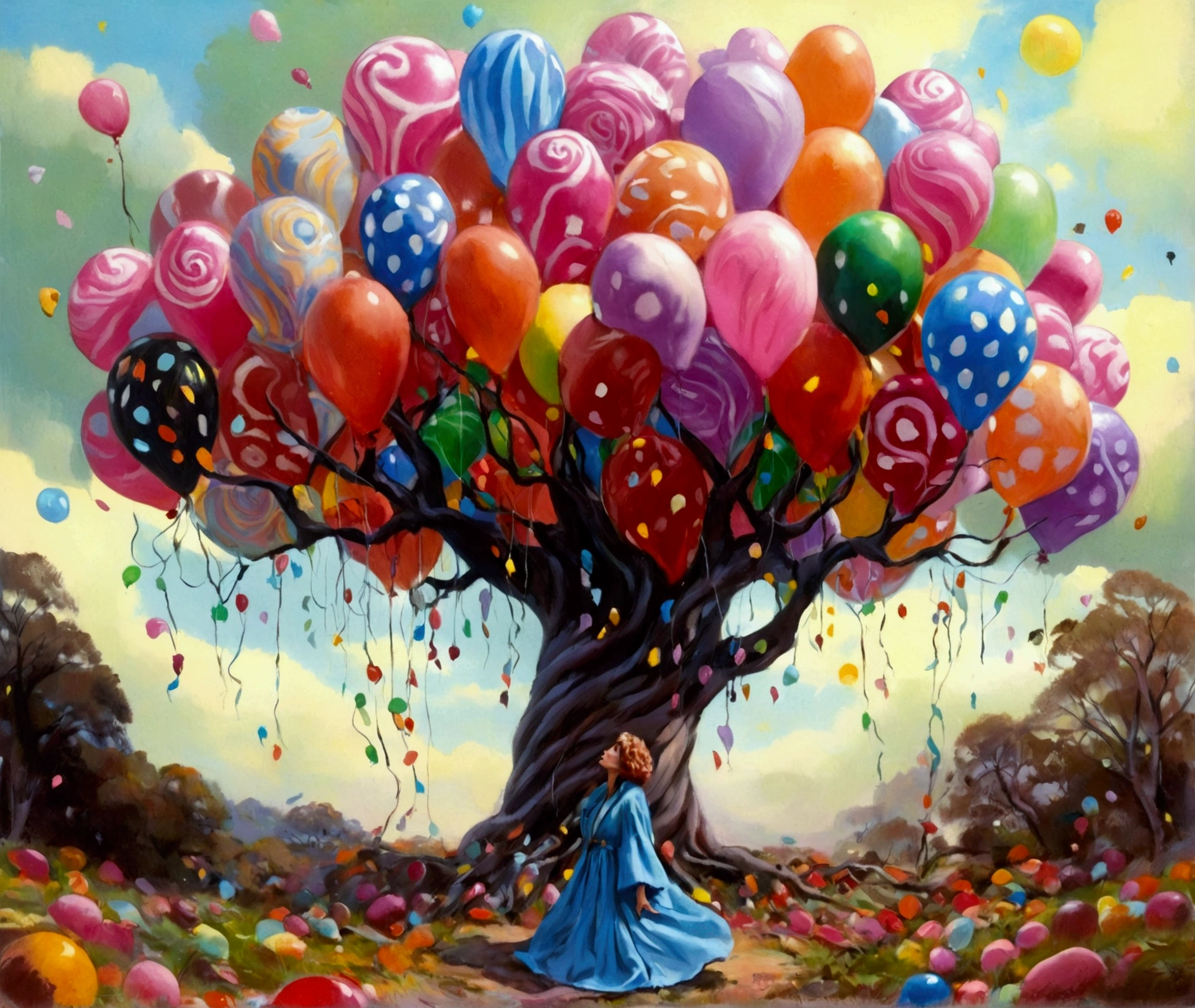  there is a woman wearing a robe standing in front of a tree made of balloons and candy, Magic Tree,  fantasy tree , Magic Tree, of an evil tree wizard, inspired  by Esau Andrews ,  candy forest , weird Alien Tree,  inspired by ESAO , !!! try Andrews!!!, Alien Tree,  by Esau Andrews , large Magic Trees, by ESAO, style of  try Andrews