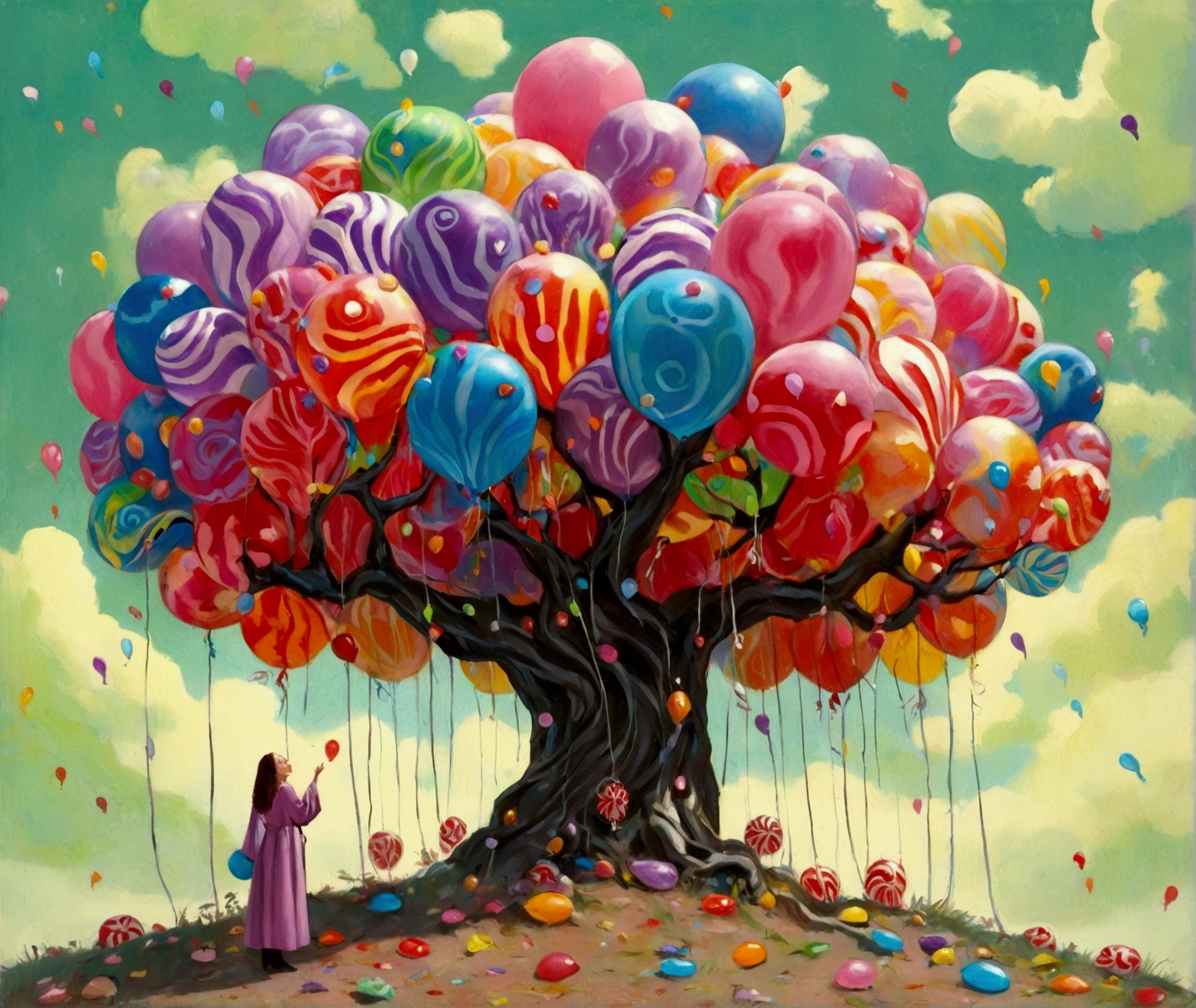  there is a woman wearing a robe standing in front of a tree made of balloons and candy, Magic Tree,  fantasy tree , Magic Tree, of an evil tree wizard, inspired  by Esau Andrews ,  candy forest , weird Alien Tree,  inspired by ESAO , !!! try Andrews!!!, Alien Tree,  by Esau Andrews , large Magic Trees, by ESAO, style of  try Andrews