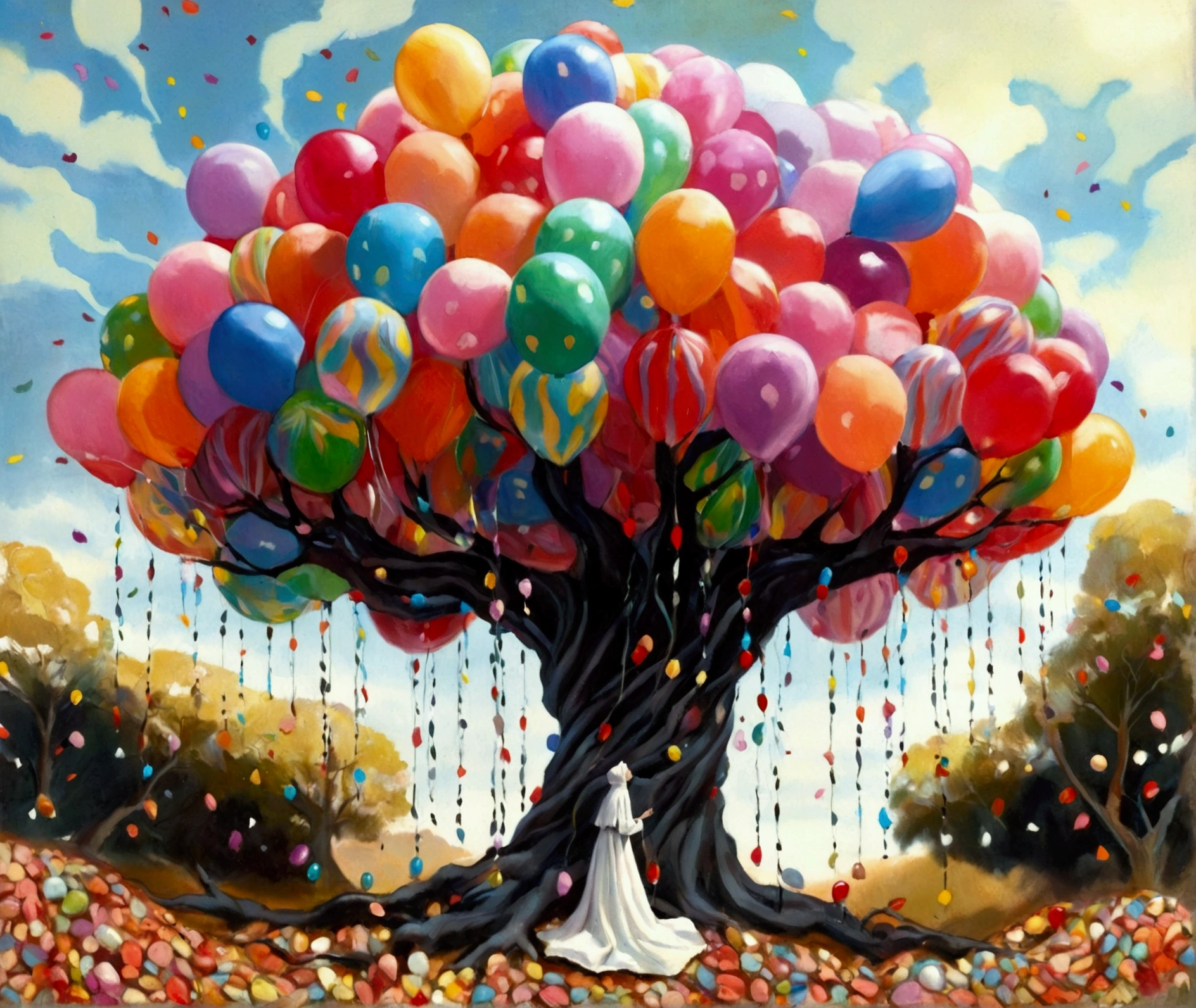  there is a woman wearing a robe standing in front of a tree made of balloons and candy, Magic Tree,  fantasy tree , Magic Tree, of an evil tree wizard, inspired  by Esau Andrews ,  candy forest , weird Alien Tree,  inspired by ESAO , !!! try Andrews!!!, Alien Tree,  by Esau Andrews , large Magic Trees, by ESAO, style of  try Andrews