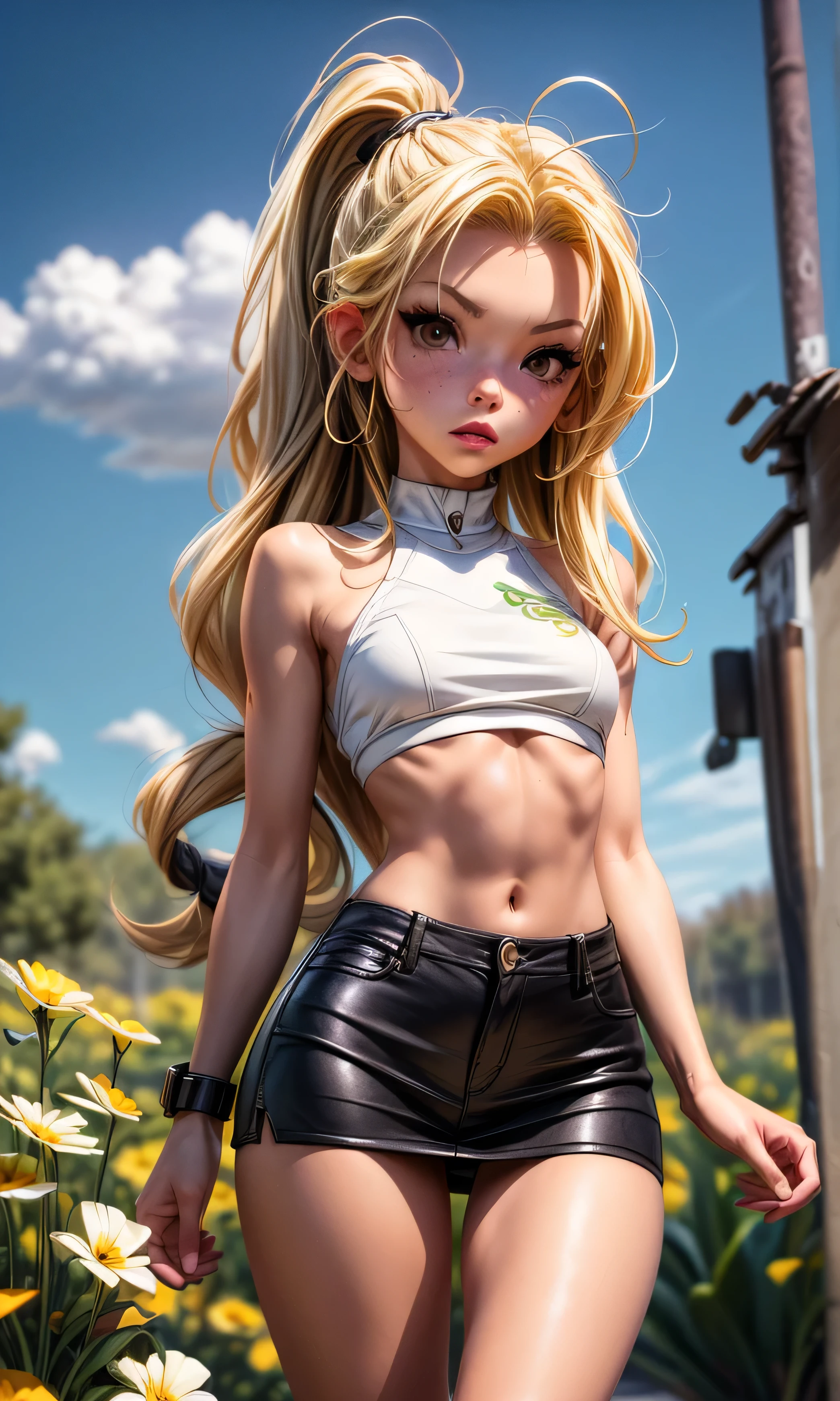  masterpiece, A teenage girl , s, Chiquita, slim, skinny,  long hair,  wavy hair , blonde hair, Brown eyes, cuerpo entero, standing, flat stomach,  nice legs, piernas slims,  white skin ,  sports shoes , short, mini skirt, (((desnuda))), on the street,  flower field, sexy,