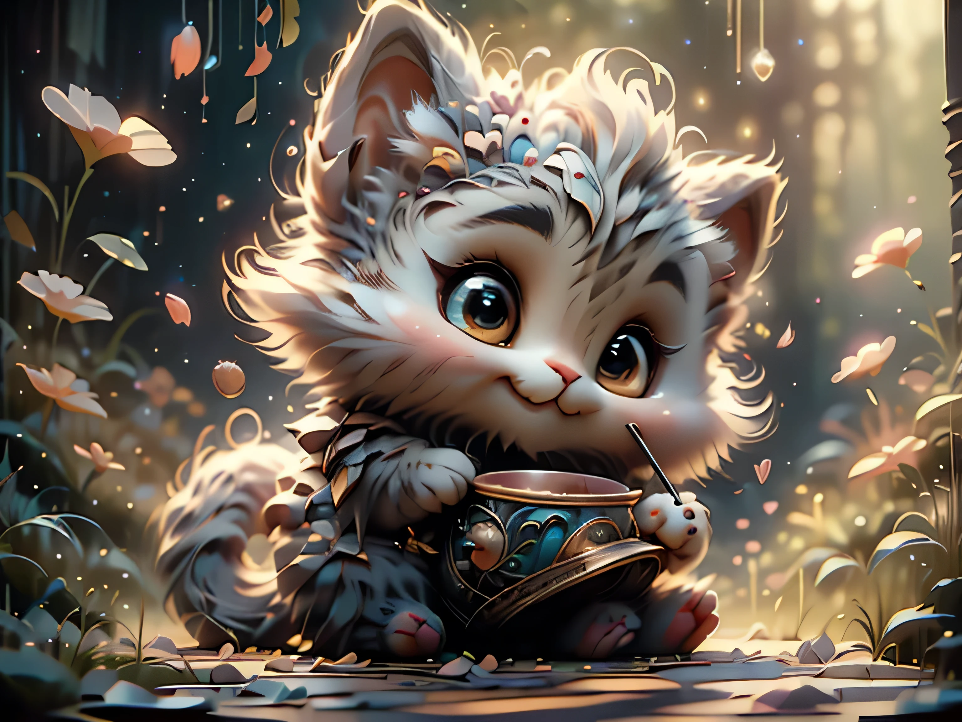 Magical Fantasy Creature, (Best Quality, Masterpiece, Representative Work, Official Art, Professional, Super Detailed, 8k:1.3), (Photorealism:1.2) Super Cute, Big Eyes, Soft, Soft Nose, Fluffy, Two-Toothed Smile, Cheshire Cat Holding a Cup, Realistic, Beautiful, Stars in Eyes, Soft Volumetric Light, (Backlight:1.3), (Cinematic:1.2), Intricate Details, (ArtStation:1.3), --auto --s2