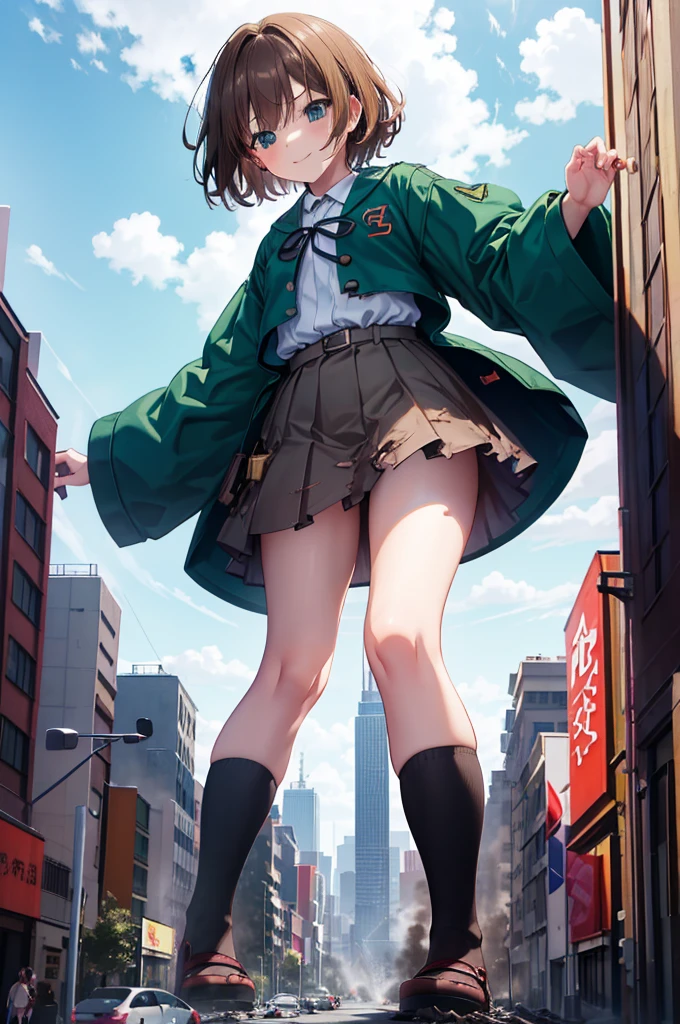 High image quality、 anime style、(( big like a skyscraper ))、 unrealistic size 、Giantess、Giant Girl、Junior high school students、 1 girl、( brown short hair、Stylish hairstyle、Brown Hair、 Teal Eyelids、Green uniform、 grey miniskirt 、 White Knee High Socks 、Absolute territory)、(( anime styleのかわいい顔、cute、Daredevil expression、Quiet、Cowardice、smile))、Embarrassed、( perfect hand、The correct number of fingers)、(Giantess、Giantess)、Inner thighs、whole body、((Ruined City))、Collapsed building、smoke rising from the city 、非現実的な大きさの巨大なBrown Hairの***のイラスト