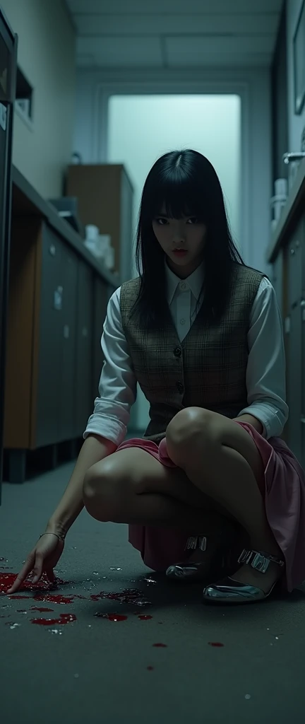 (masterpiece, best quality:1.2), (realistic,photo-realistic:1.4), RAW photo, highres, extremely detailed, intricate details, (full body, from below), solo, 1girl, a 20 years old Japanese female, (white shirt, short sleeves, bowtie, plaid miniskirt, black skirt, bare legs, thighs, socks, loafers, black mini shirt:1.3 breast ), dark hair, short bob hair, cute face, , detailed face, detailed eyes, sophisticated nose, fine-textured skin, pale skin, (kneeling with spread legs wide apart:1.5), (peeing self, pee stain, urination:1.5), (pee puddle),  photo background, indoors, hallway in school, crowd looking at her,