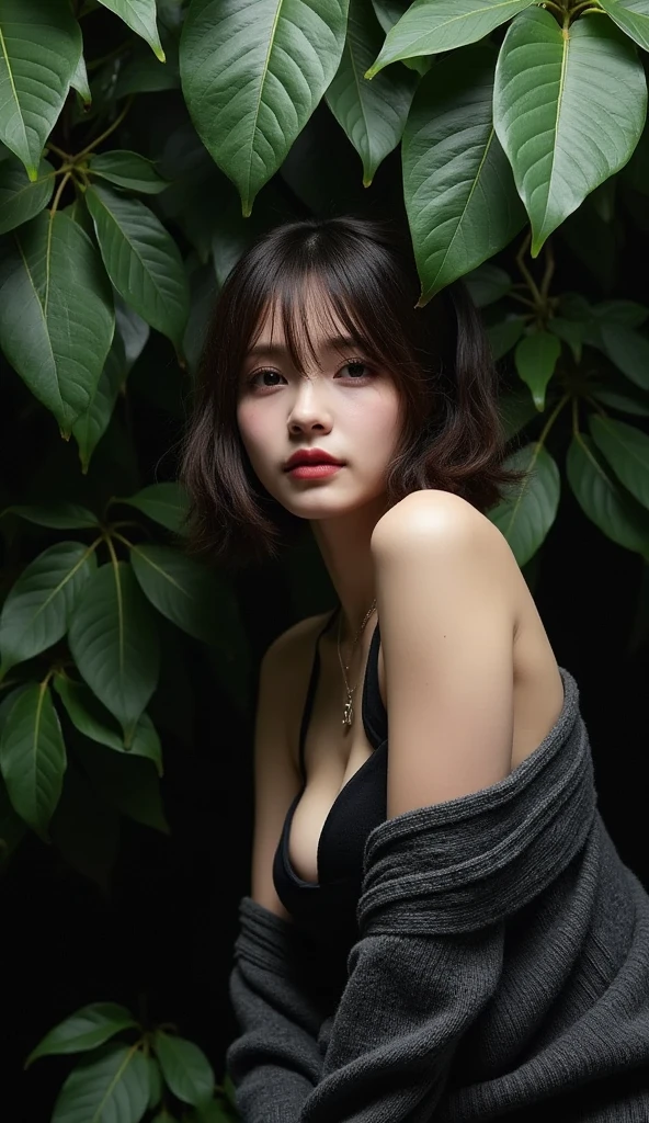 ((Highest quality)), ((masterpiece)), (detailed), One girl, Backlight, backlit, in the dark, offshoulder, in the dark, short hair, sexy look, leaf shadow