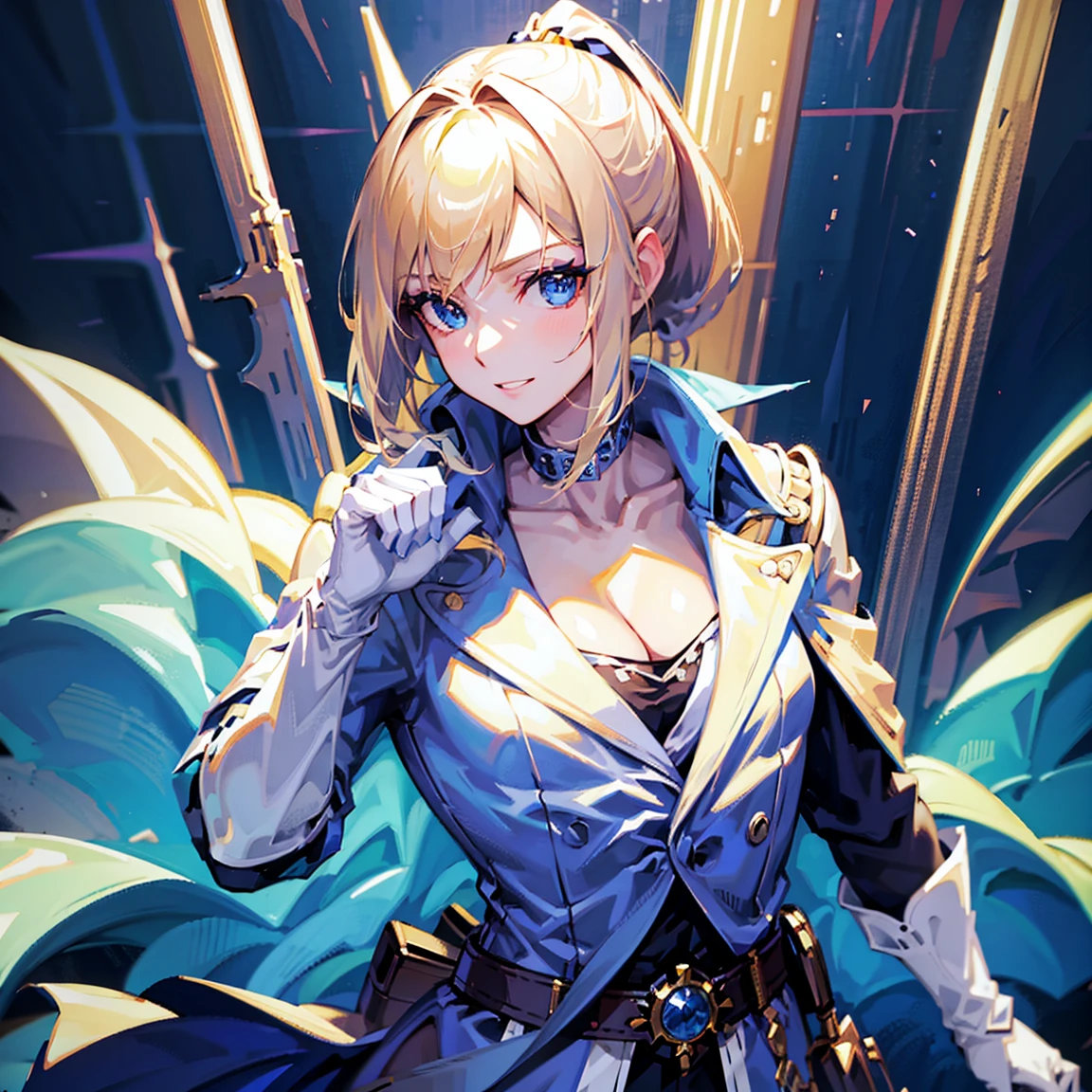 Anime game, masterpiece,best quality,(Beautiful woman solo),Cool face,blonde hair, ponytail,blue eyes,sharp bangs,slanted eyes,small eyes,(glare:1.0),(light smiles),(cleavage:1.3),(detachable collar),cloak with a stand-up collar,collarbone,bare skin,Collared Neckwear,medium bust,(knight),knight corset,knight belt,(cape),coat,arm sleeves,white gloves,(cowboy_shot),(gripped the hilt of a western sword:1.3),(blue color costume),